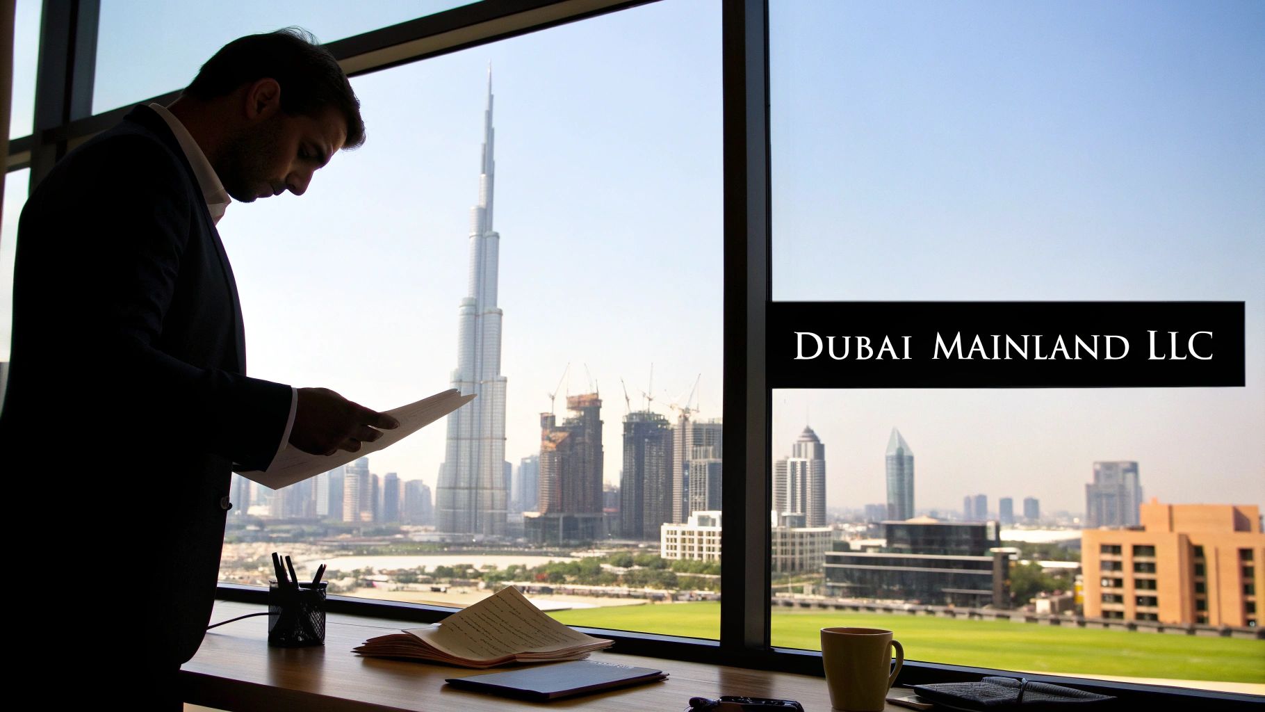 A businessman reviews documents in an office overlooking the Dubai skyline, including the Burj Khalifa.