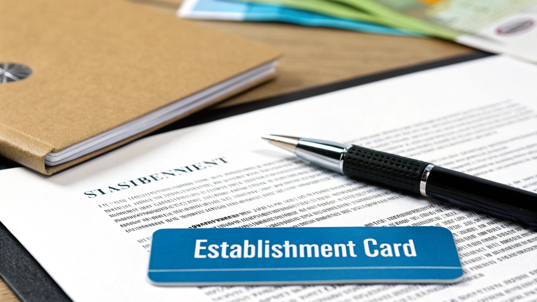 Establishment card document with pen and notebook on desk in UAE business setting