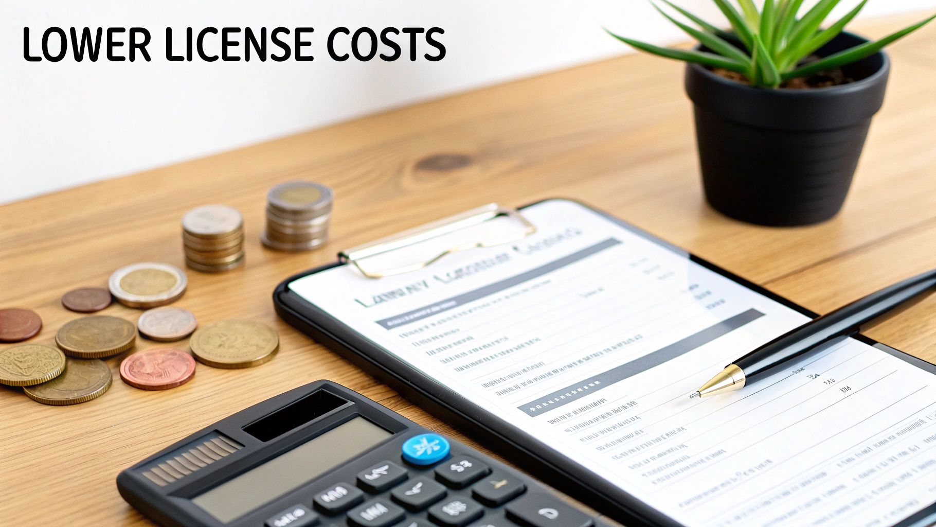 Desk setup with calculator, coins, document, and pen, highlighting lower license costs.