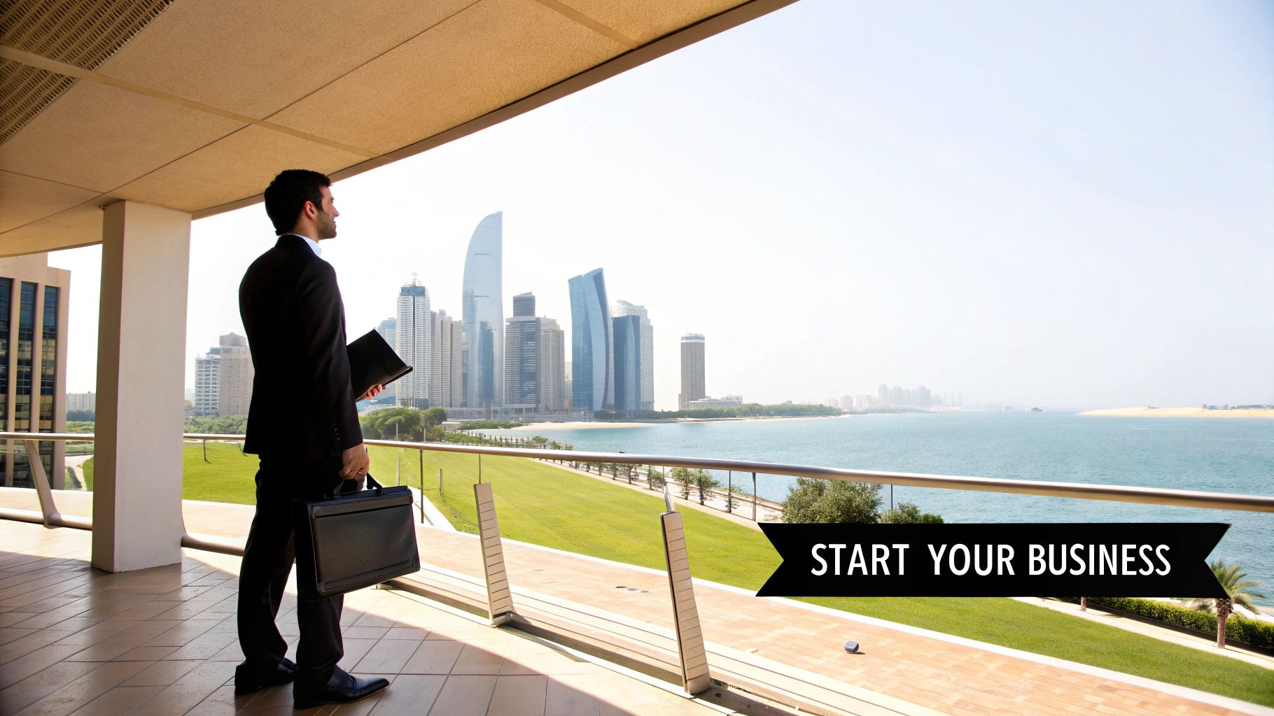 A focused businessman on a balcony overlooking a modern city skyline and ocean with "START YOUR BUSINESS" text.