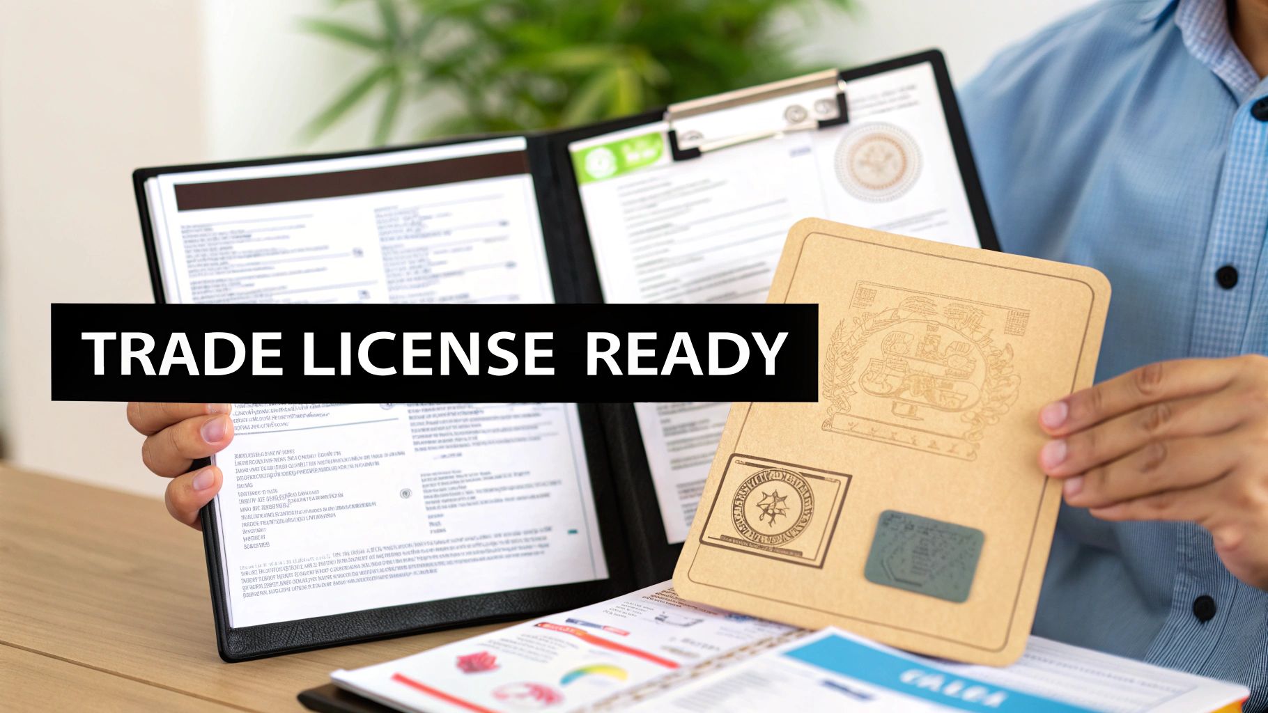 A person's hands holding official business documents and a brown booklet, with a 'Trade License Ready' banner.