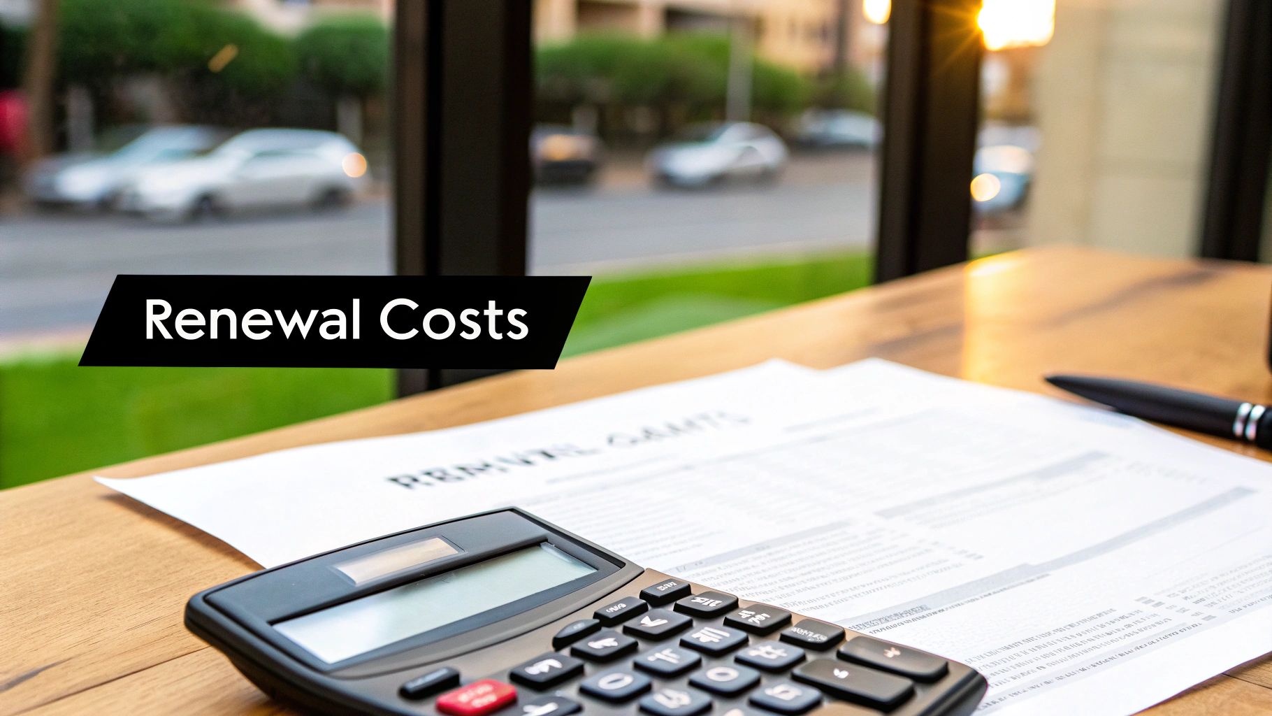 A professional calculating business expenses on a laptop, symbolizing budgeting for a trade license renewal.