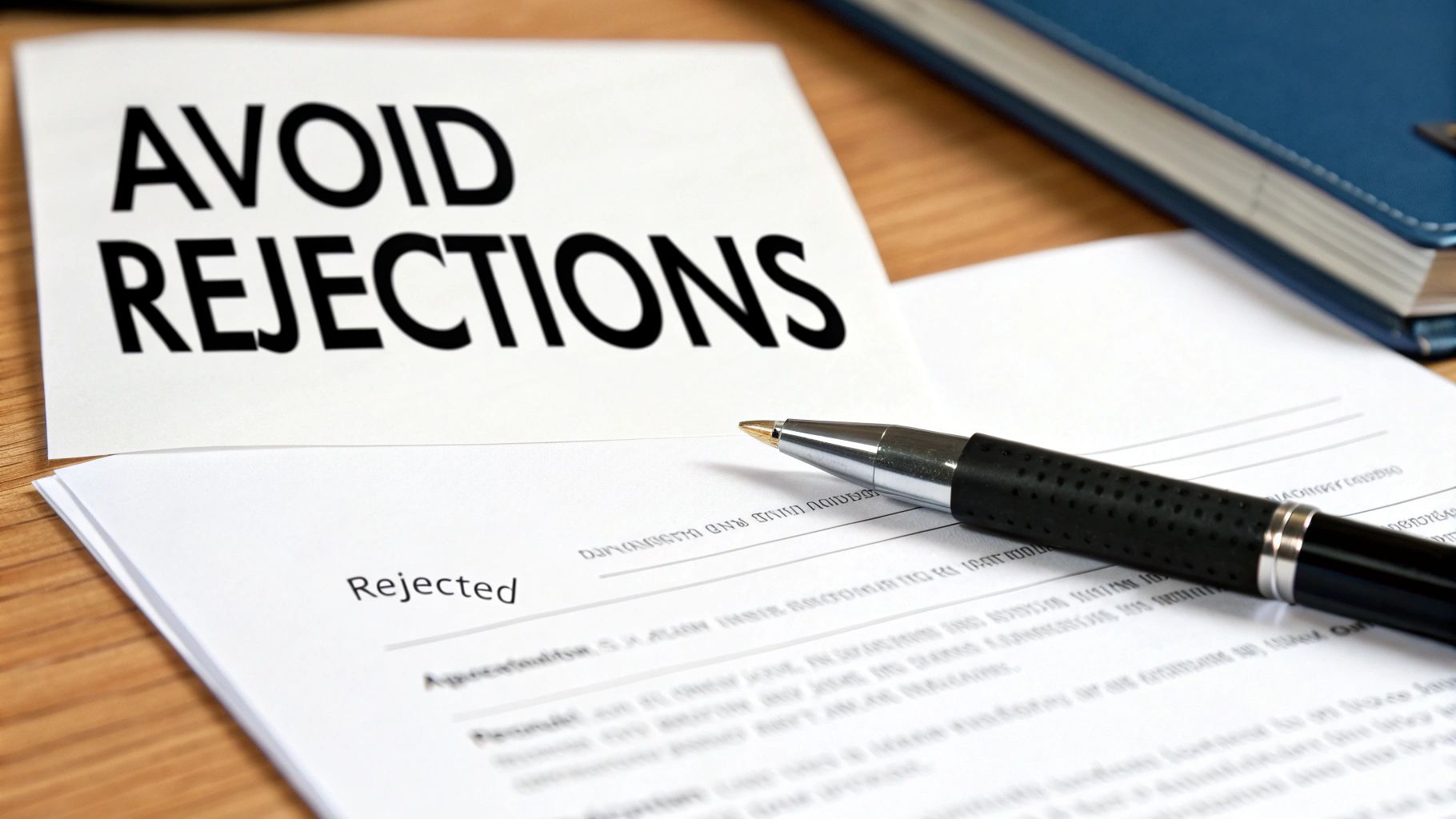 A white card with 'AVOID REJECTIONS' sits above a document marked 'Rejected' with a pen.