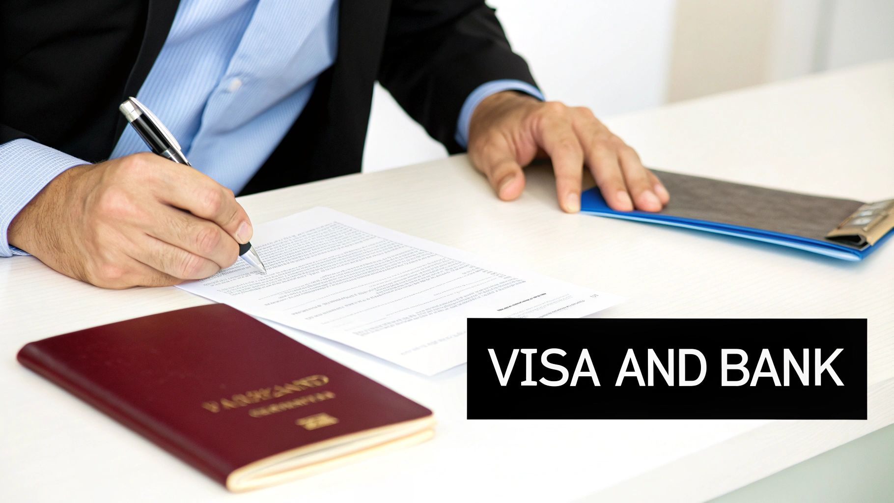 Close-up of a businessman signing legal documents with a pen, next to a passport and clipboard on a desk.
