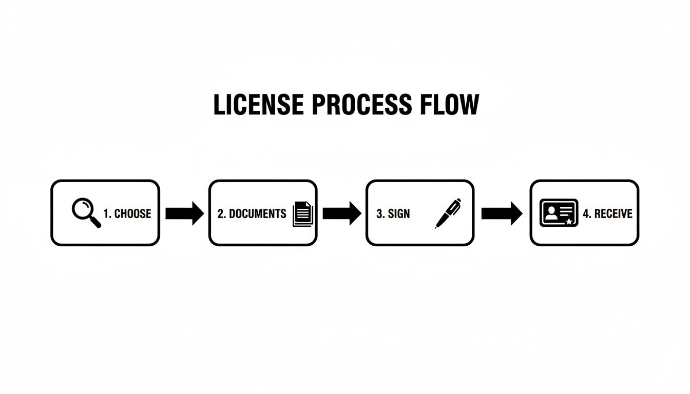A four-step license process flow diagram: Choose, Documents, Sign, and Receive.