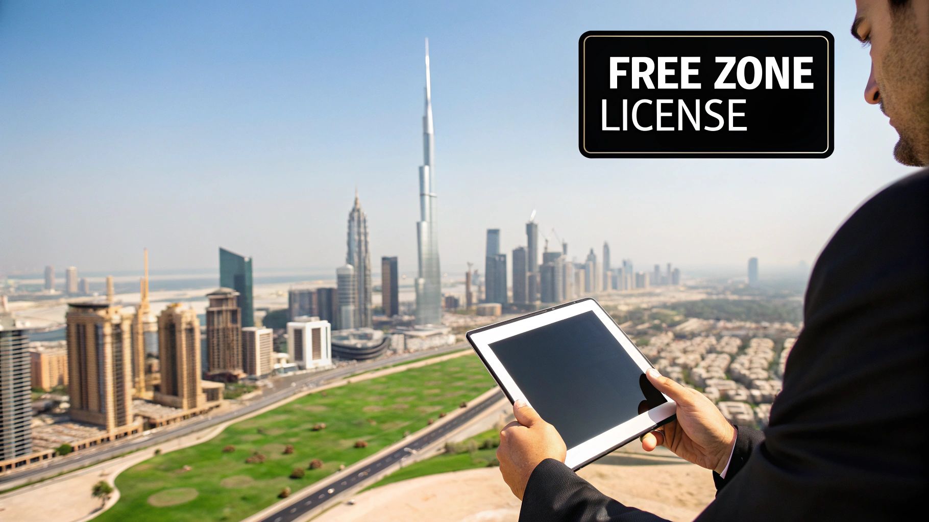 Businessman views a tablet in Dubai, overlooking the city skyline, with a 'FREE ZONE LICENSE' sign.