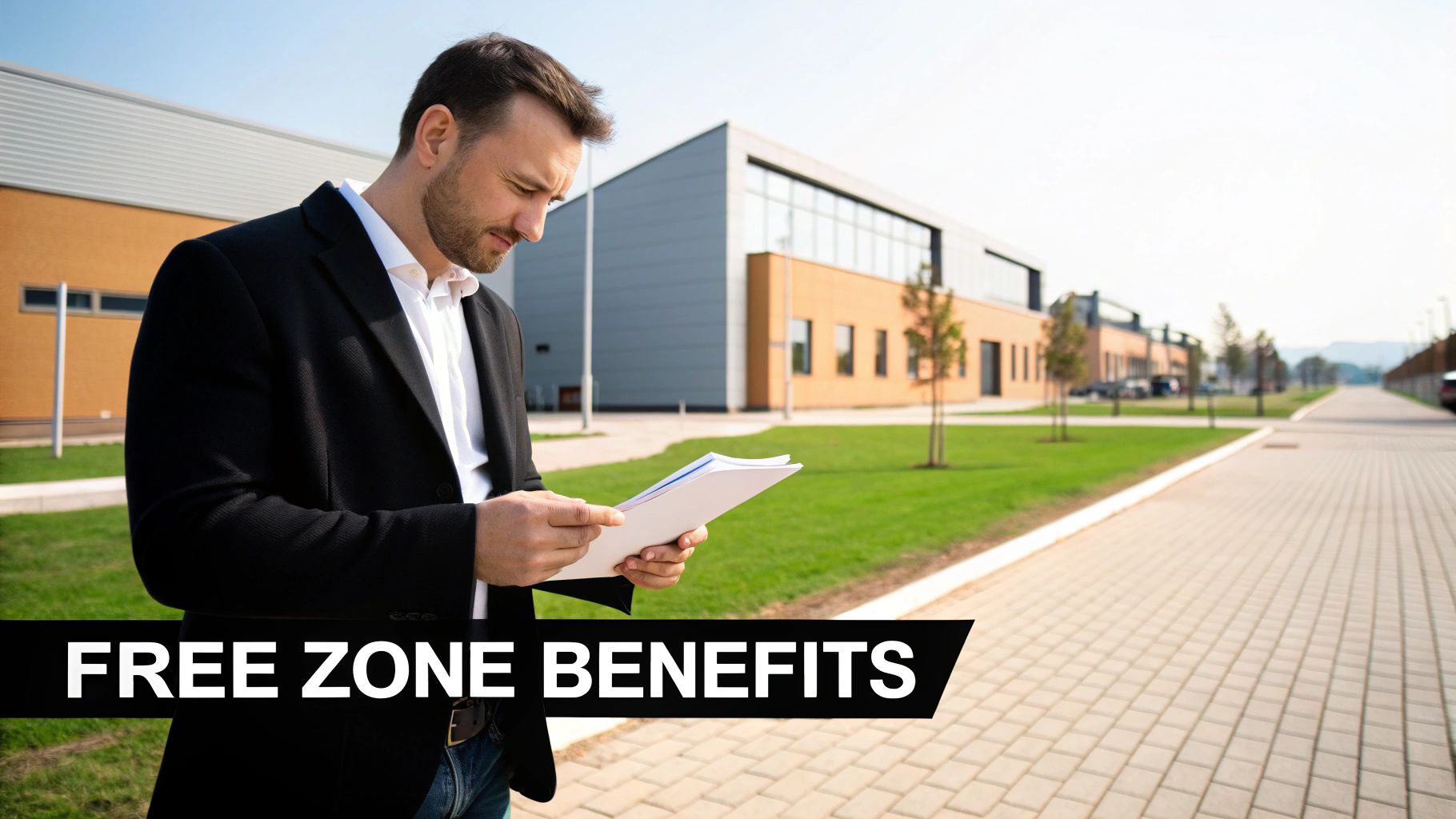 A professional man in a business park reads documents, with modern buildings and green landscaping in the background, promoting free zone benefits.
