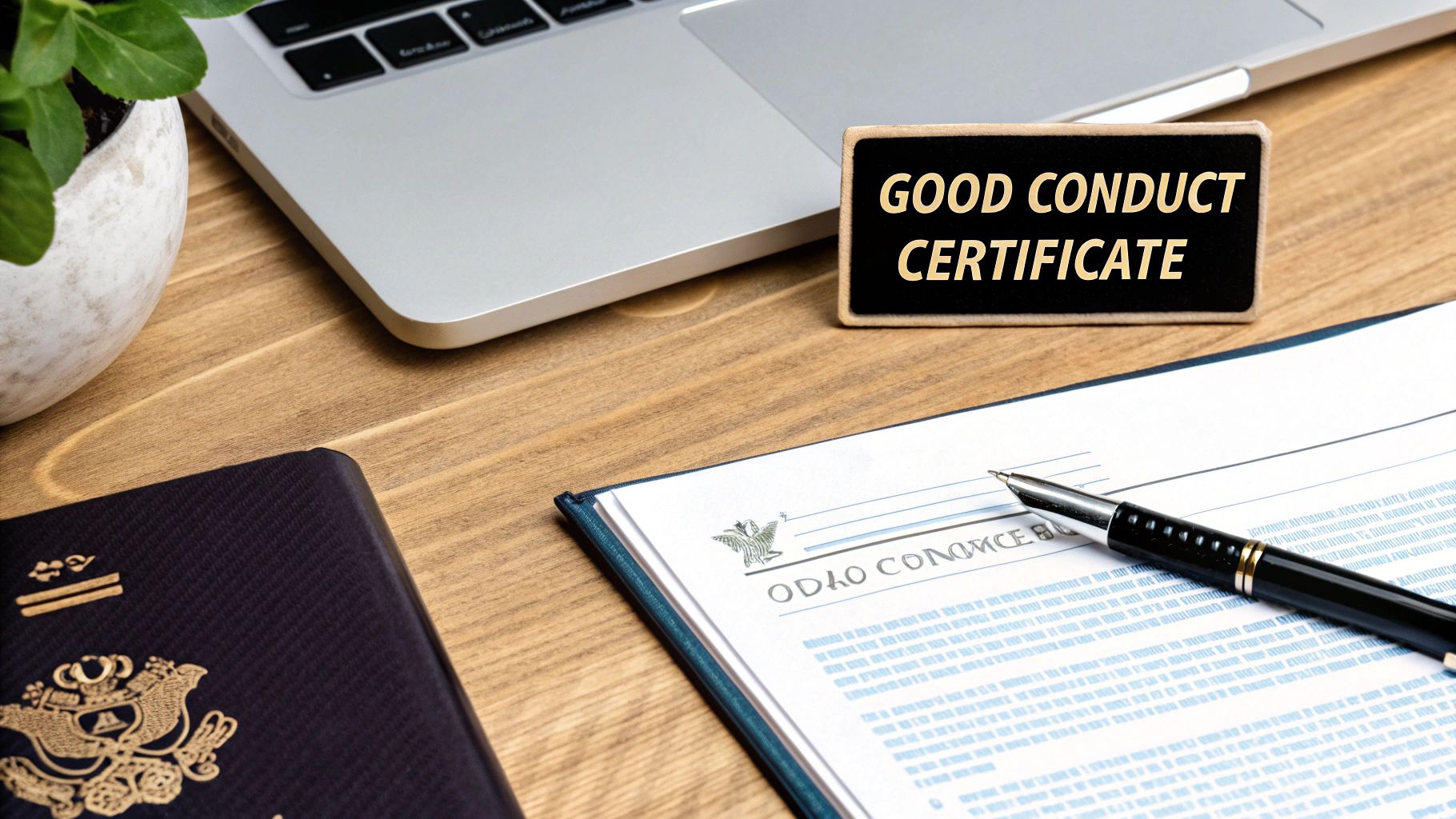 A desk with a laptop, potted plant, passport, document, pen, and 'Good Conduct Certificate' sign.