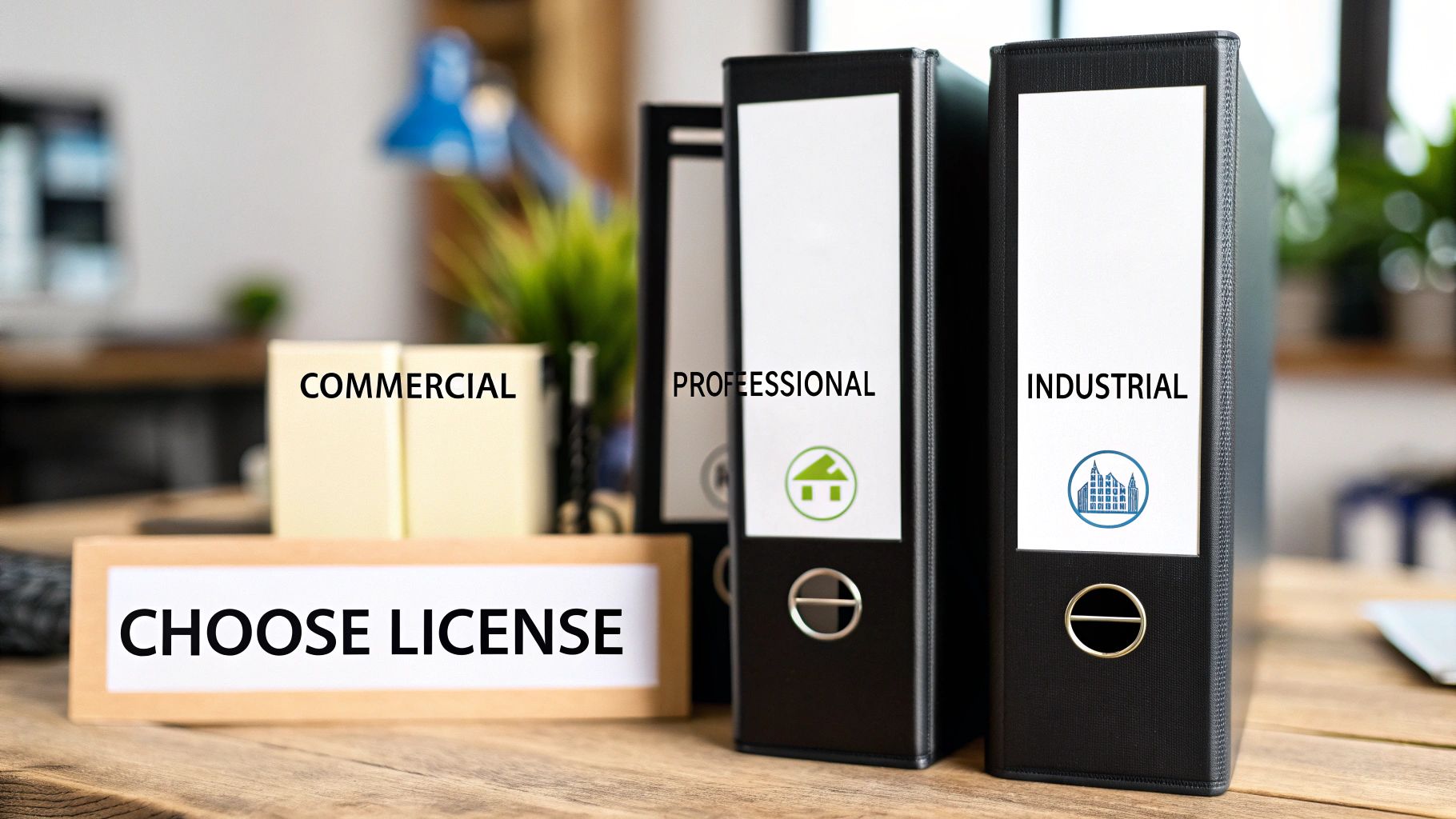 A desk with folders labeled Commercial, Professional, and Industrial licenses, alongside a 'Choose License' sign.