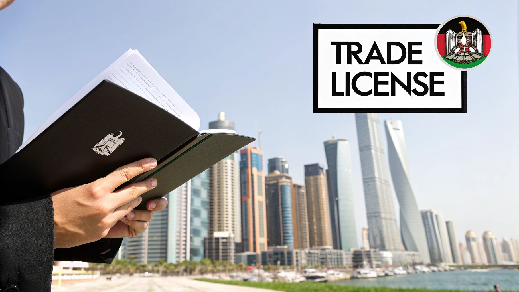Person in suit holding official documents for a trade license, with Abu Dhabi skyline background.