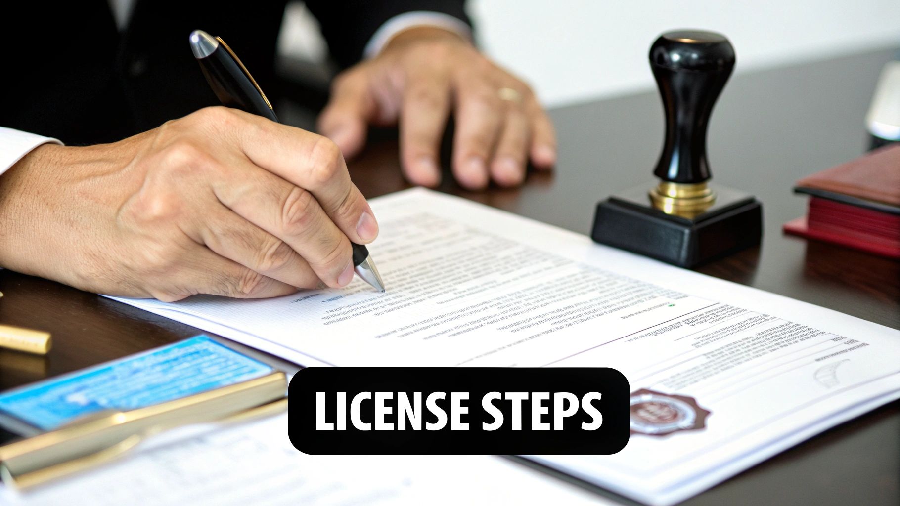 A person in a suit is signing a license document on a desk, with a stamp nearby.