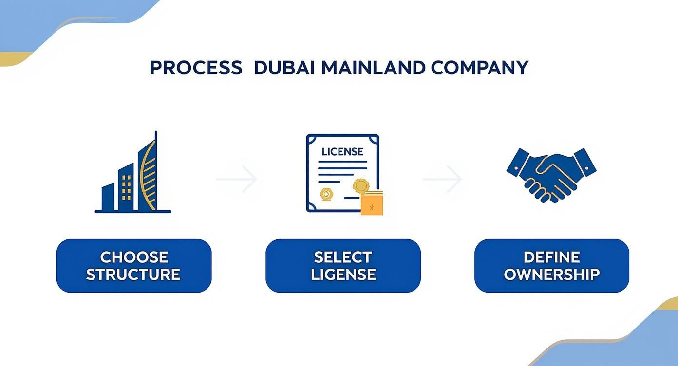 A visual guide illustrating the three-step process for setting up a Dubai Mainland company.
