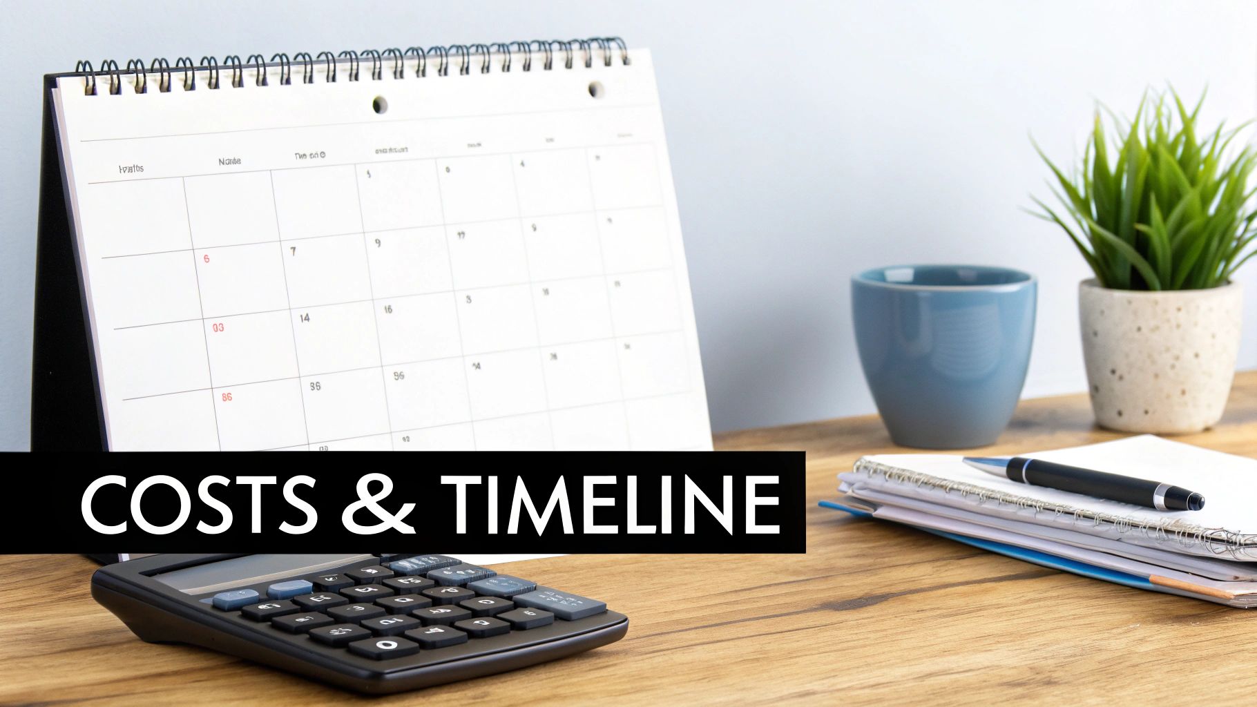 A desk with a calendar, calculator, notebooks, and a plant, with 'COSTS & TIMELINE' text overlay.