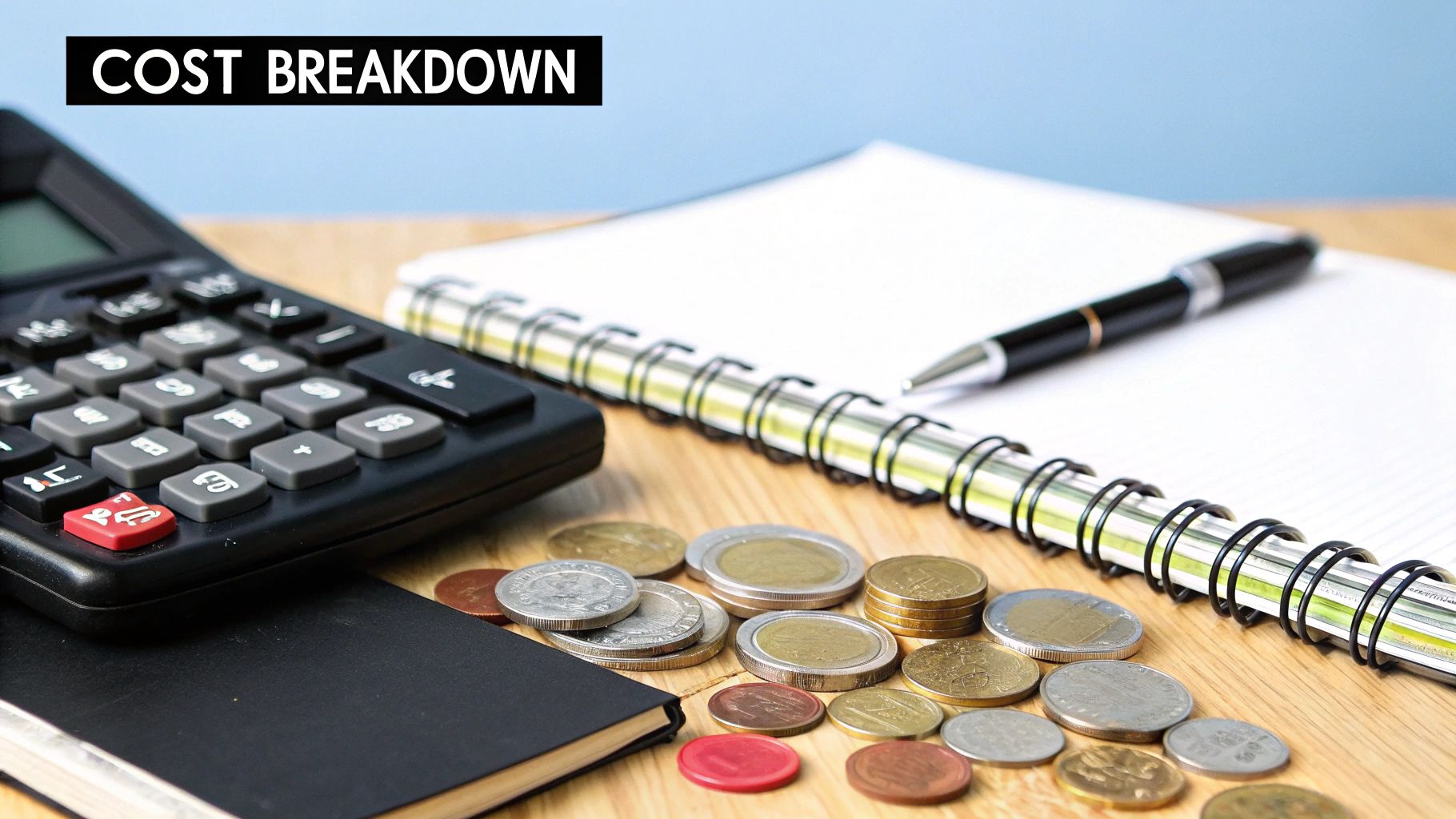 A calculator and pen on a desk, symbolising the process of budgeting for a Dubai mainland license.