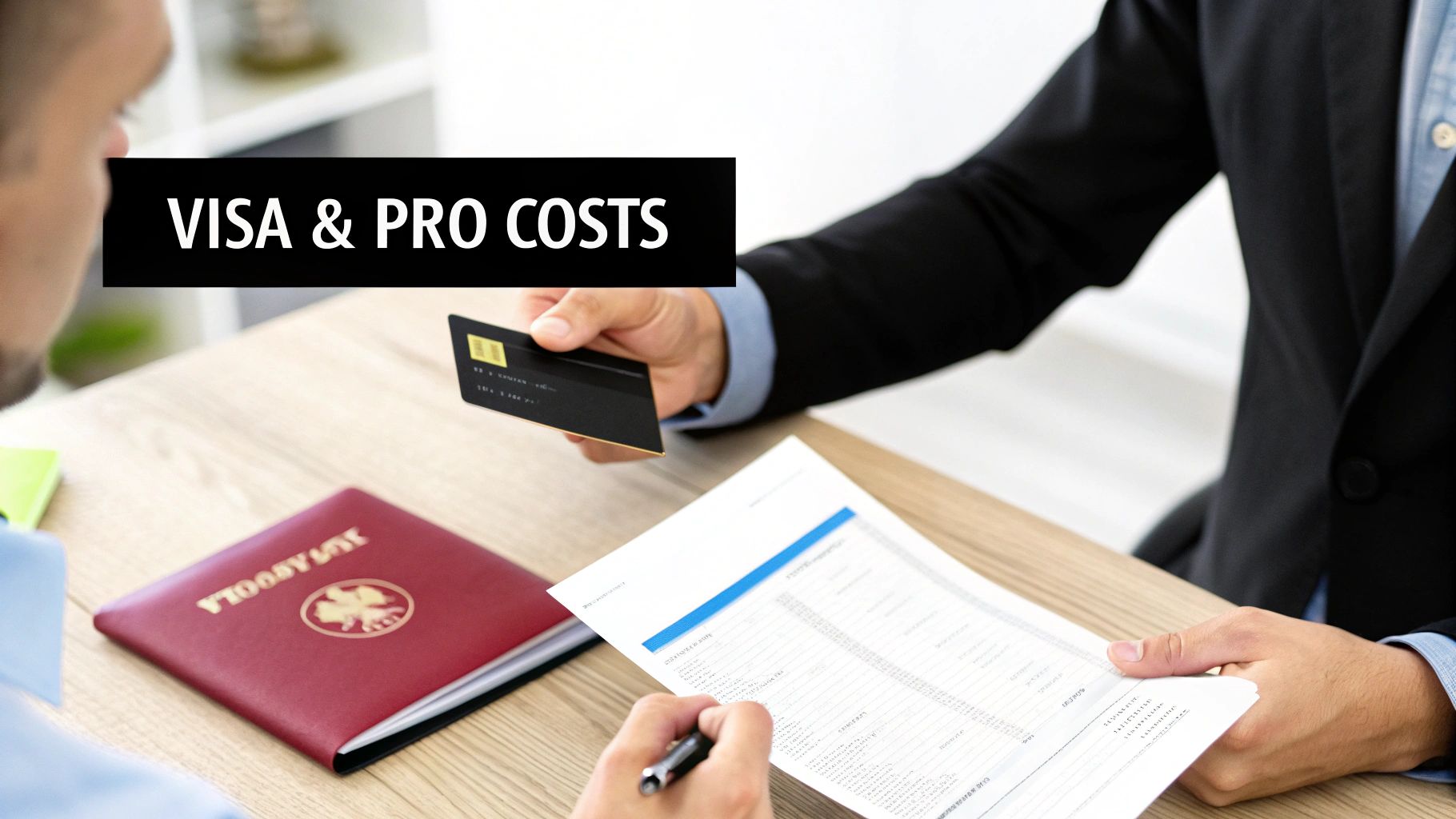 Two people discussing visa and professional costs, one holding a credit card and documents.