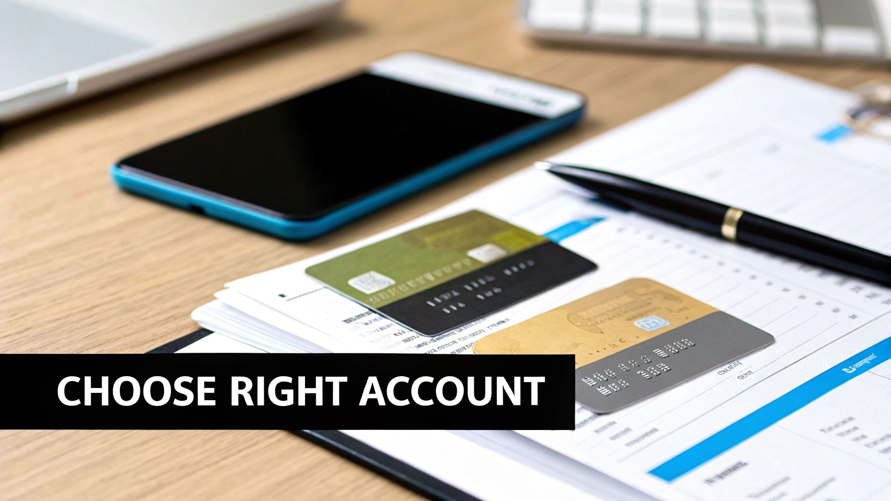 A close-up of credit cards, a smartphone, and documents on a wooden desk with a laptop, emphasizing financial choices.