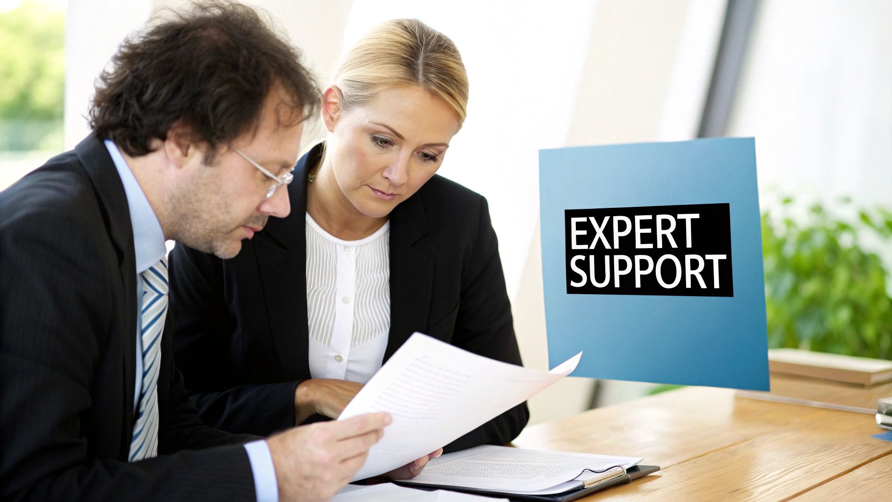 A business consultant assisting a client with paperwork in a modern Dubai office.