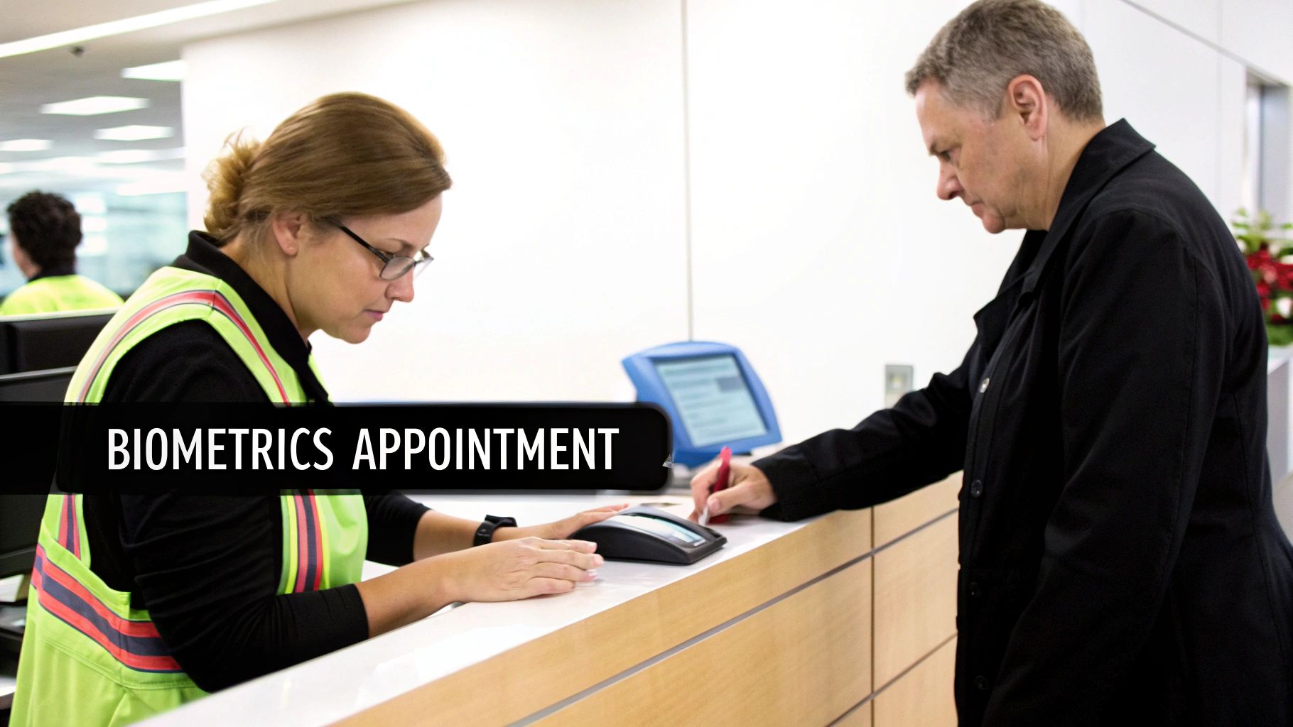 A person's fingerprints being scanned at a government service centre in the UAE.