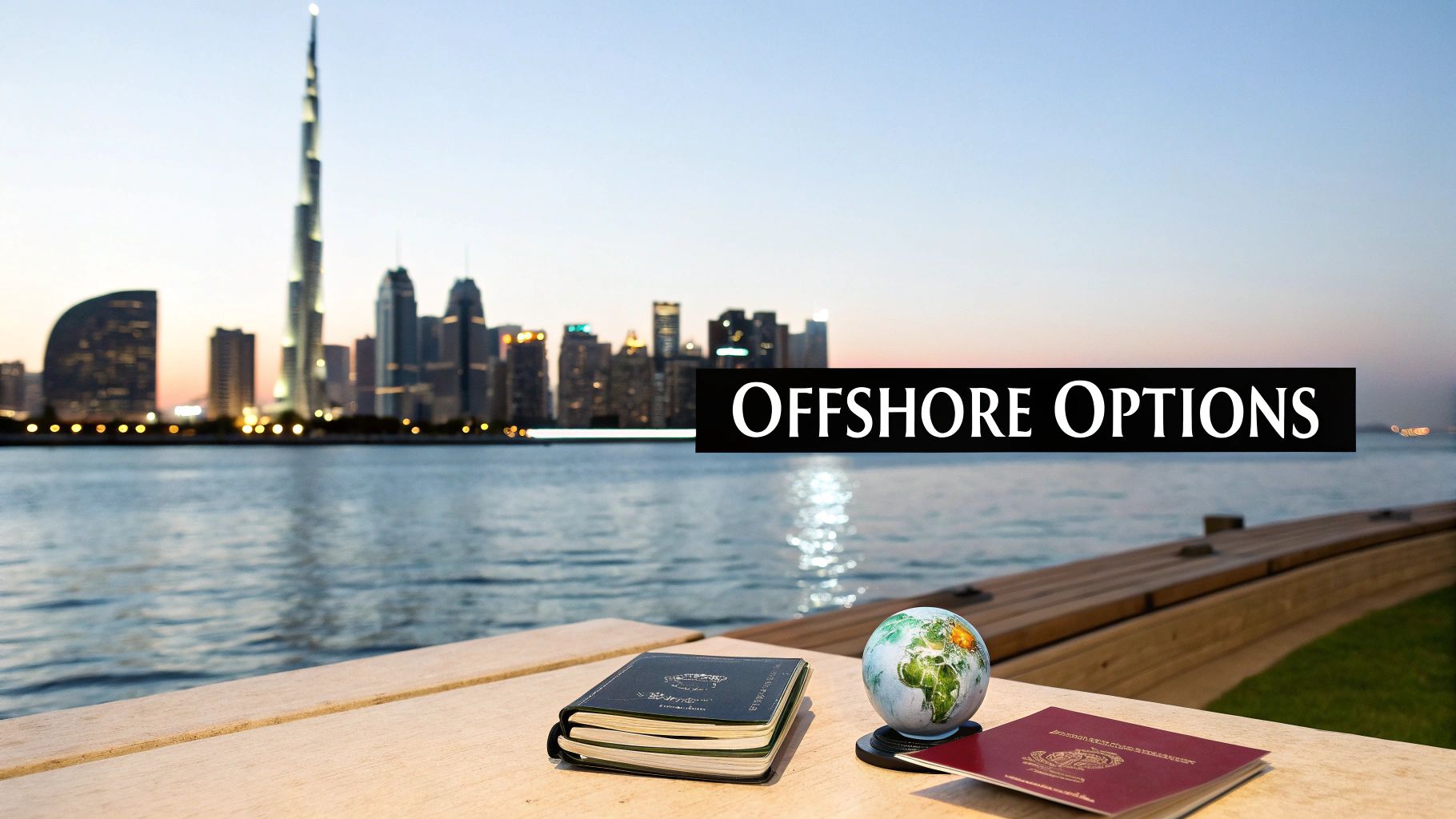 Dubai skyline at sunset with Burj Khalifa, a globe, passport, and 'Offshore Options' text.