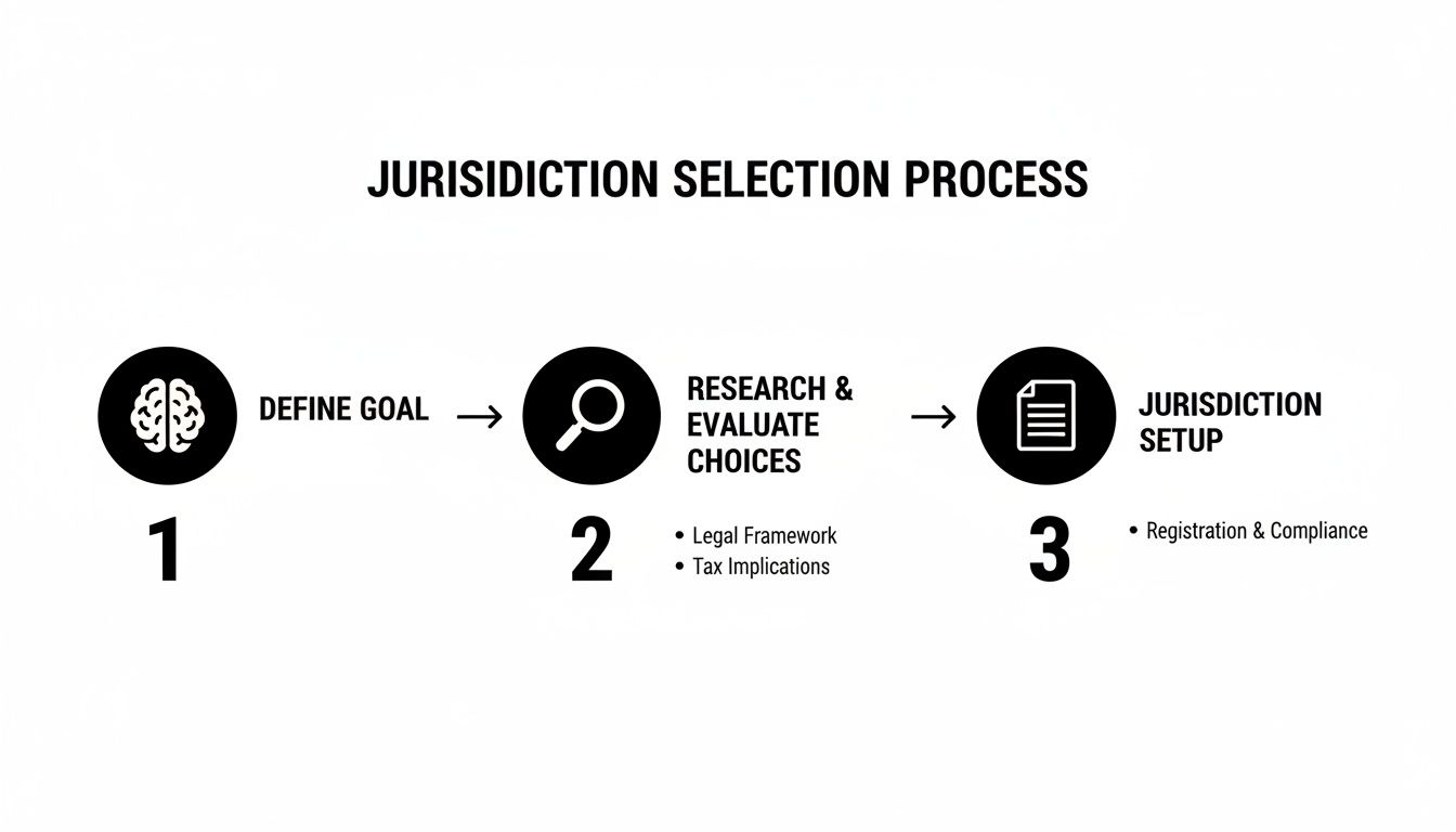 A flowchart detailing the three steps of the jurisdiction selection process: define goal, research choices, and setup.