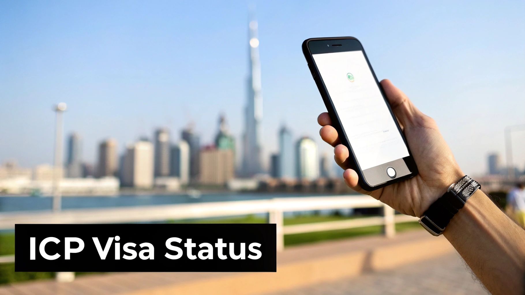 A hand holds a smartphone in Dubai, with the Burj Khalifa and city skyline in the background, showing ICP Visa Status.