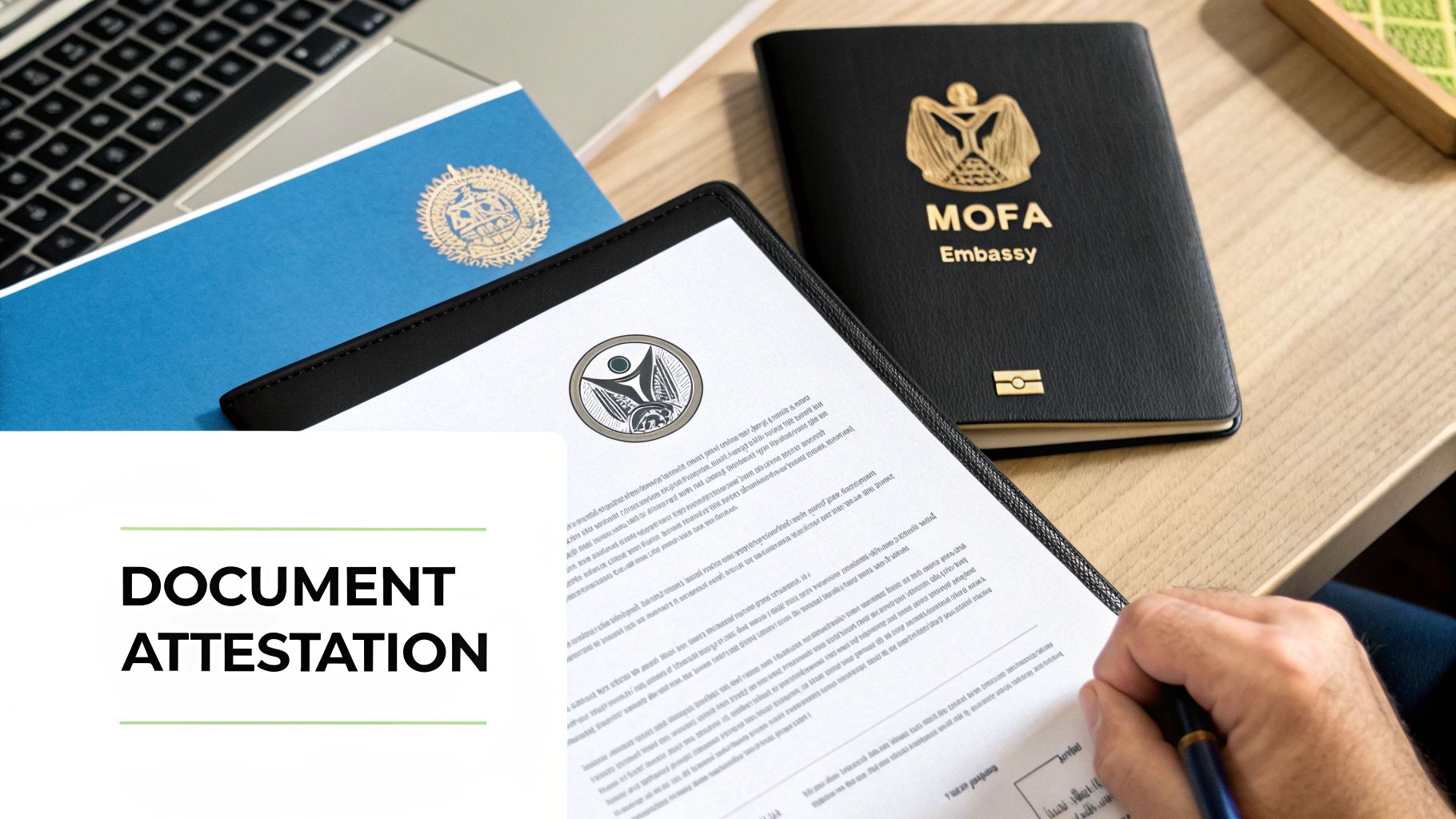 A hand signing a document with embassy papers, a MOFA passport, and a laptop on a desk.