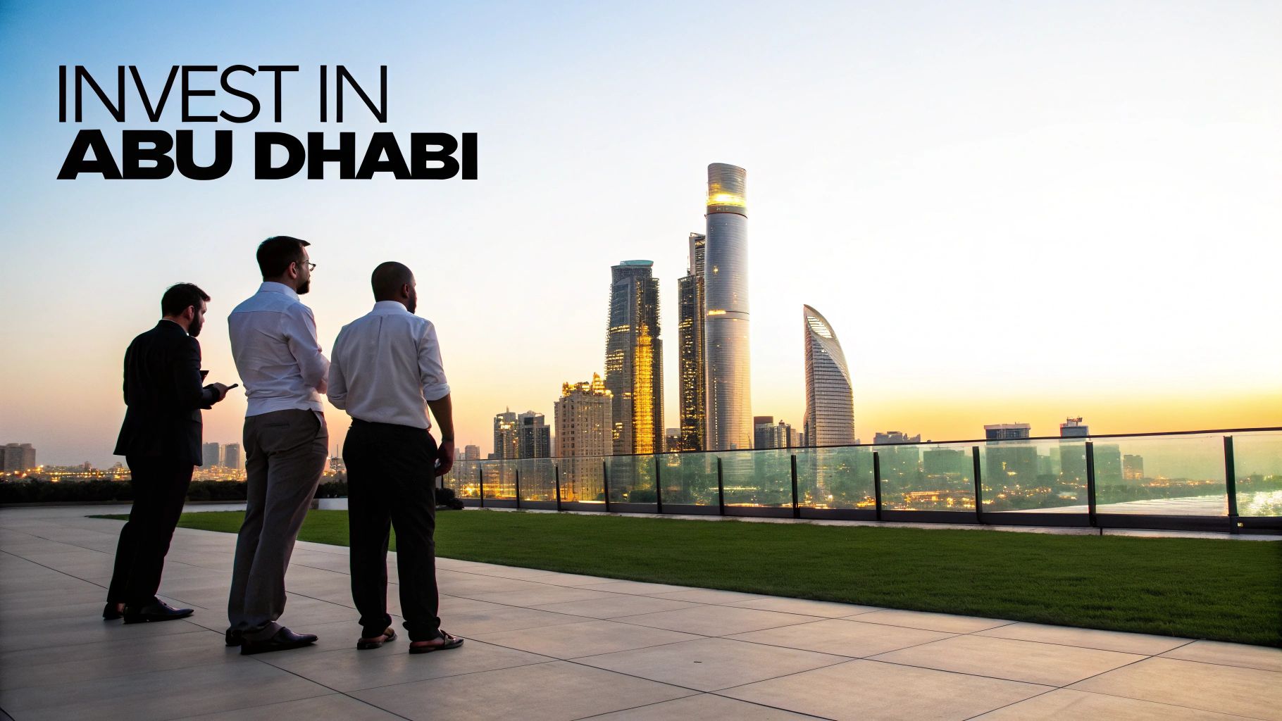 Skyline view of Abu Dhabi city with modern skyscrapers and clear blue sky