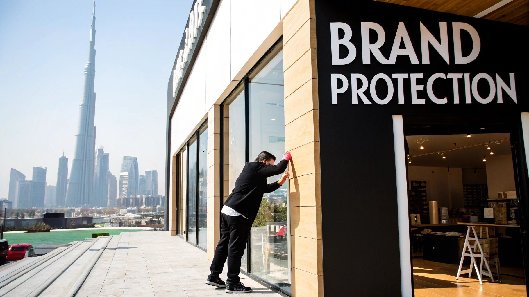 Person working on a 'Brand Protection' building window in Dubai, with Burj Khalifa in the skyline.