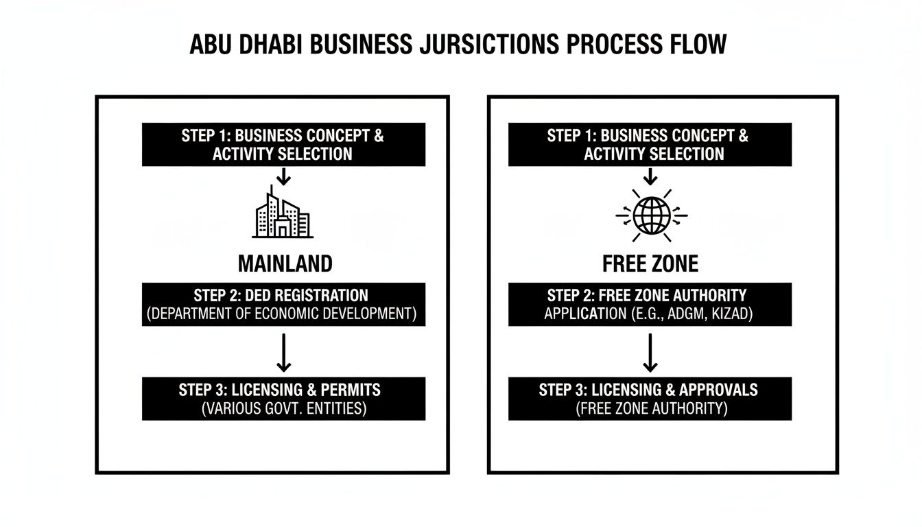 Abu Dhabi business jurisdictions process flow, showing steps for mainland and free zone company setup.