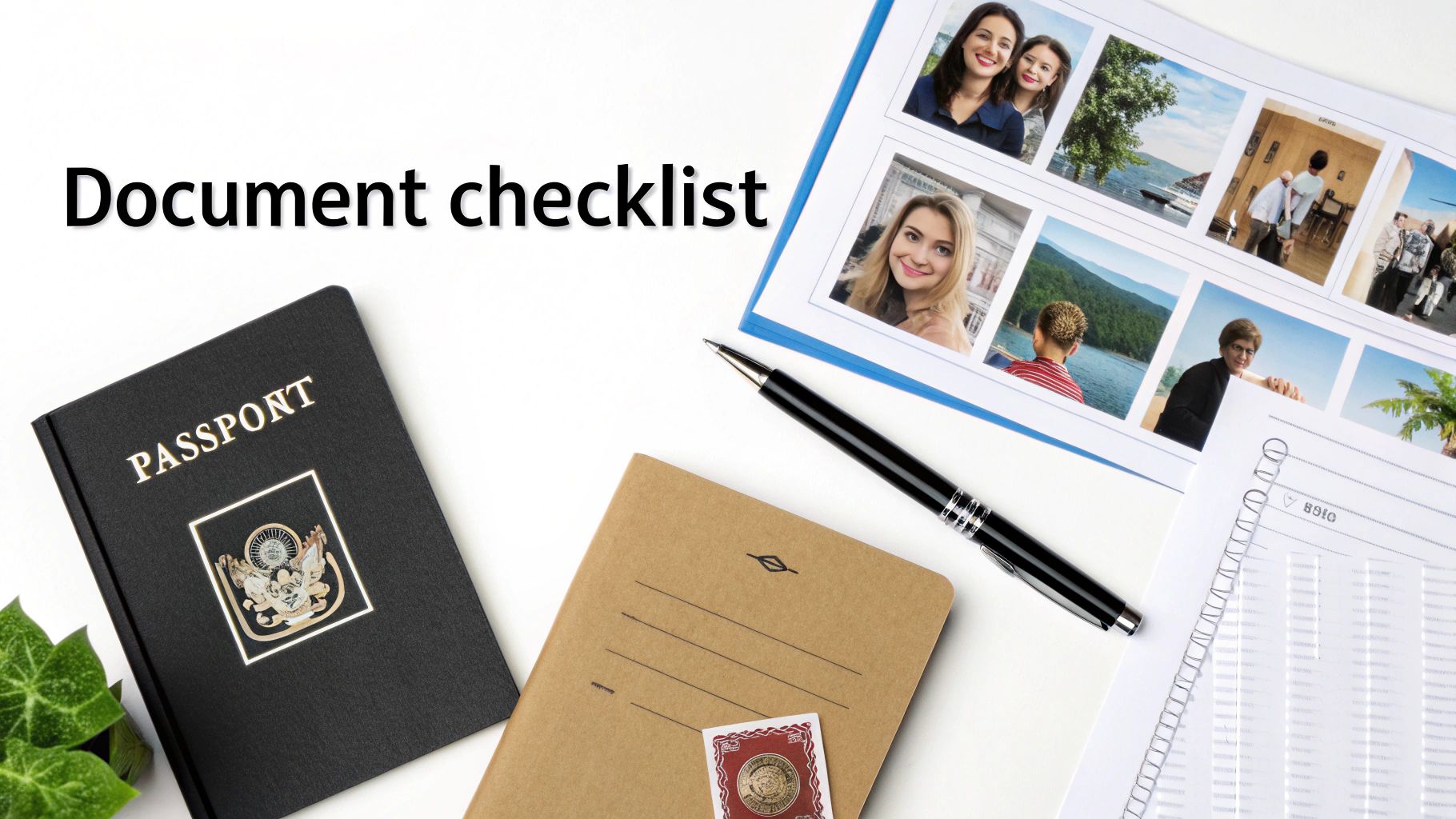 A passport, pen, notebook, and binder with photos, next to a 'Document checklist' title.