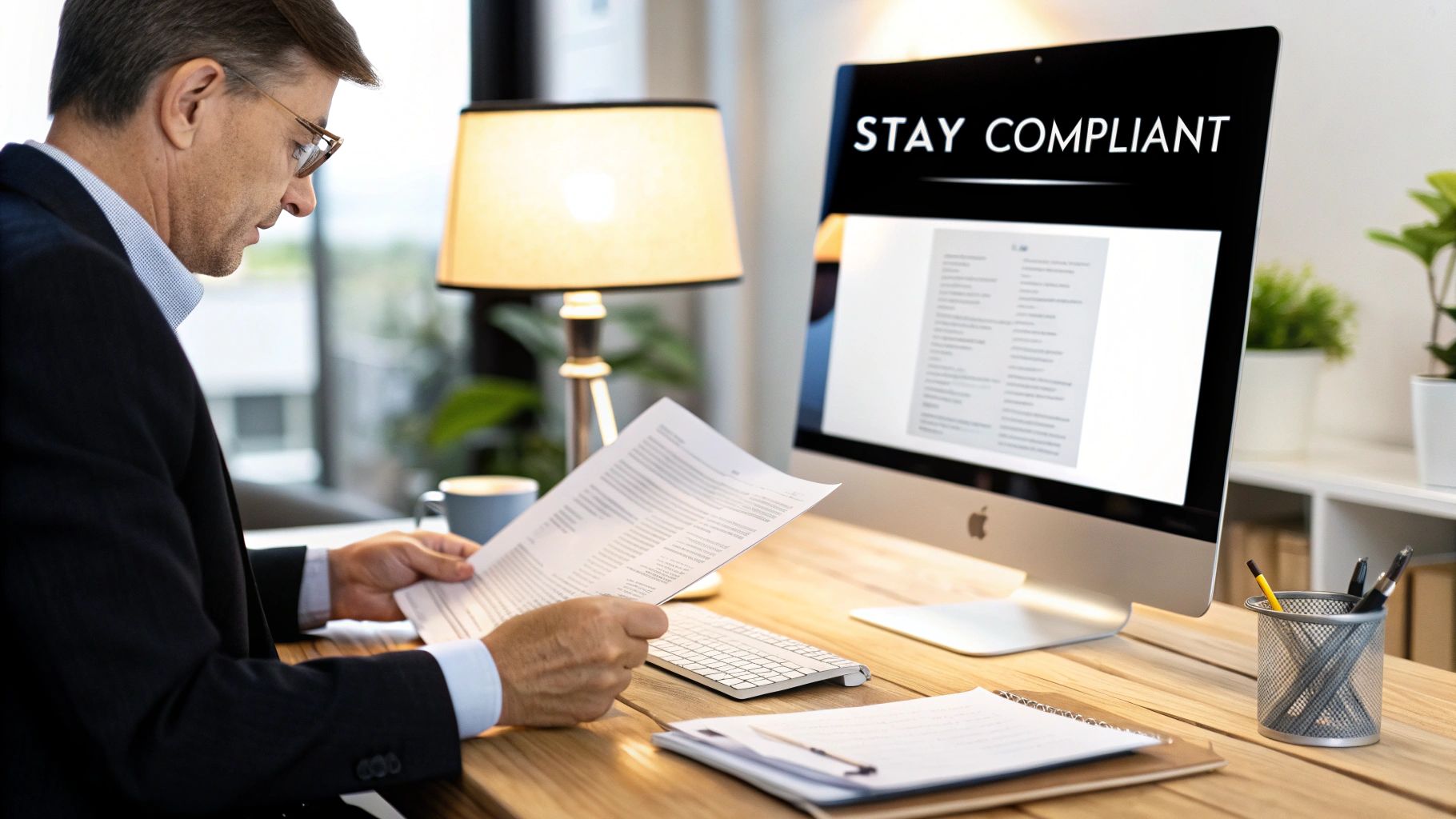 A professional business consultant reviewing trade license documents in a modern Dubai office setting.
