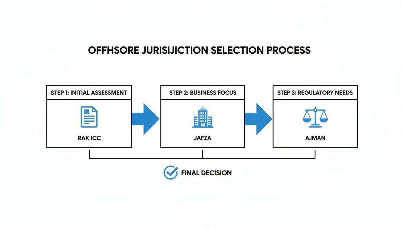 Flowchart illustrating the offshore jurisdiction selection process with three steps leading to a final decision.