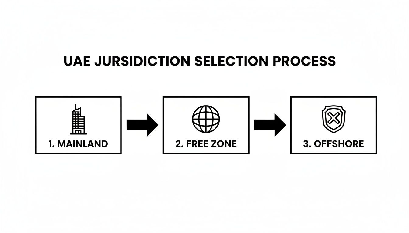 Flowchart illustrating the UAE jurisdiction selection process with options for Mainland, Free Zone, and Offshore.