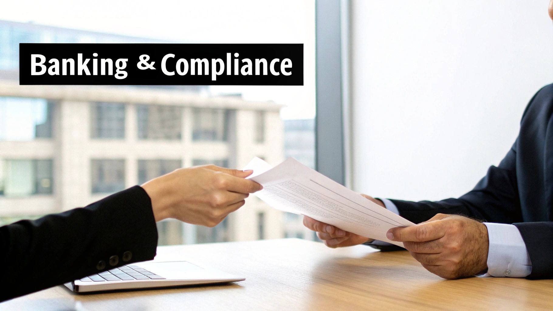 Two business professionals exchanging important documents across a table in an office setting, 'Banking & Compliance' text overlay.