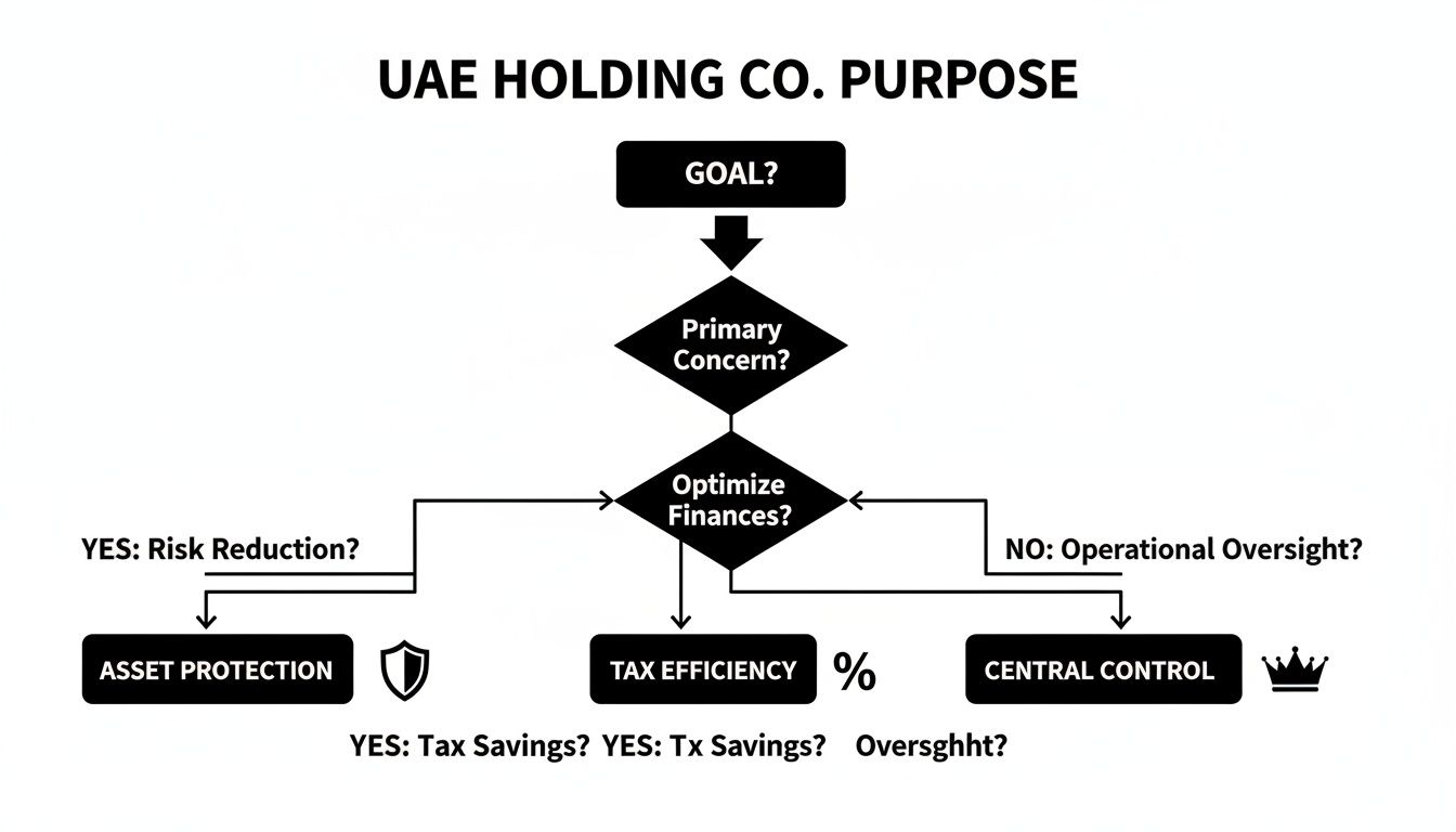 Flowchart outlining the purpose of a UAE holding company, focusing on asset protection, tax efficiency, and central control.