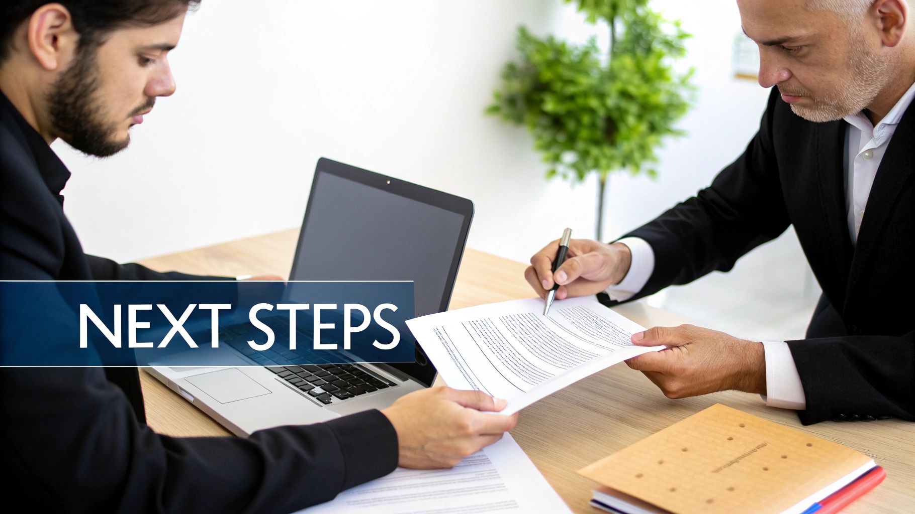 Two businessmen in suits discussing documents and a laptop, with 'NEXT STEPS' overlay.