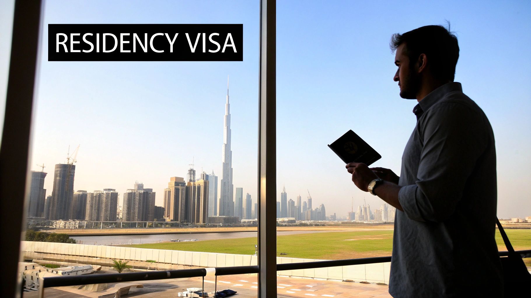 A professional holding a UAE residency visa, with a blurred background of the Dubai skyline