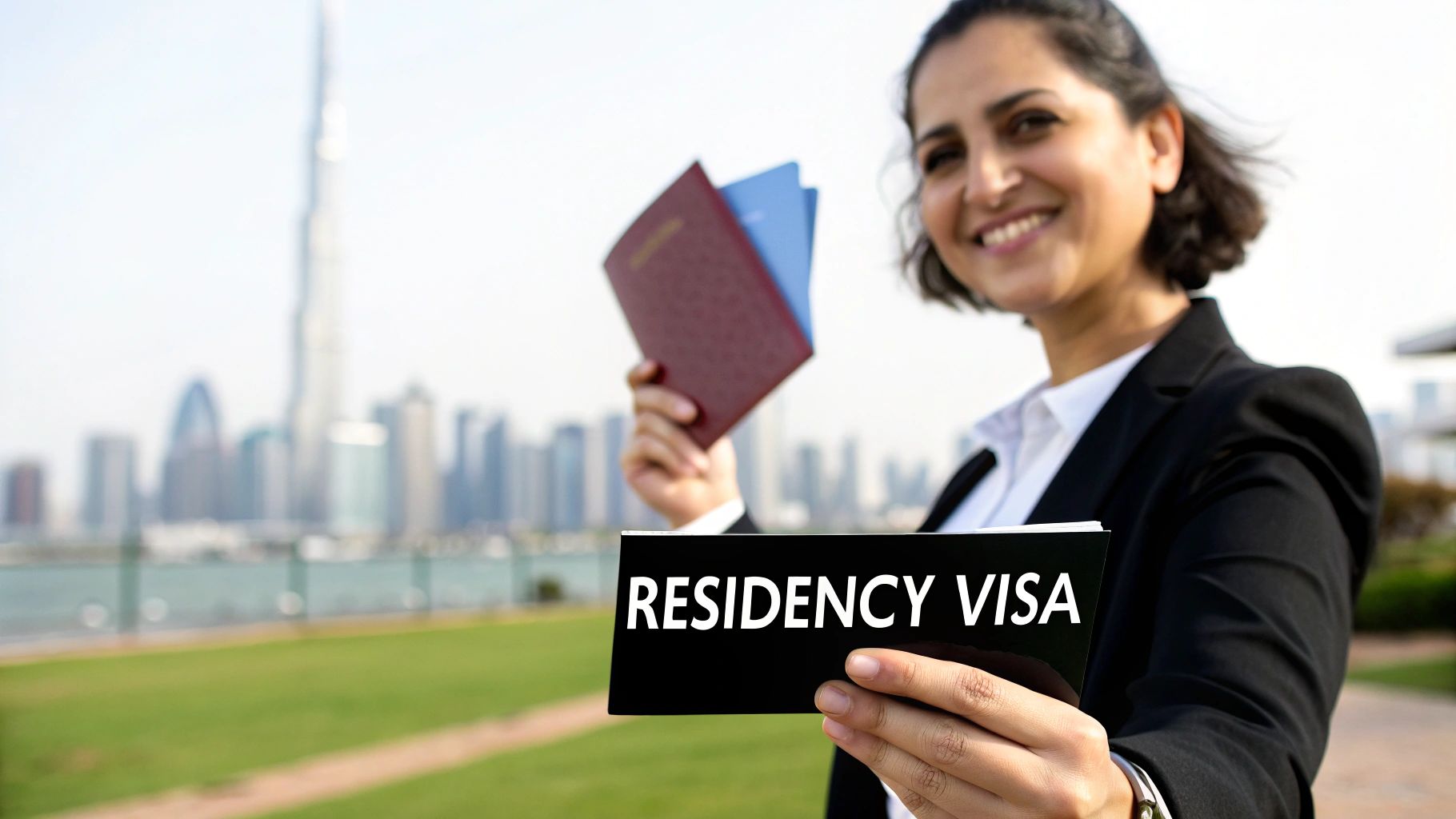 A family smiling with Dubai's skyline in the background, signifying residency in the UAE