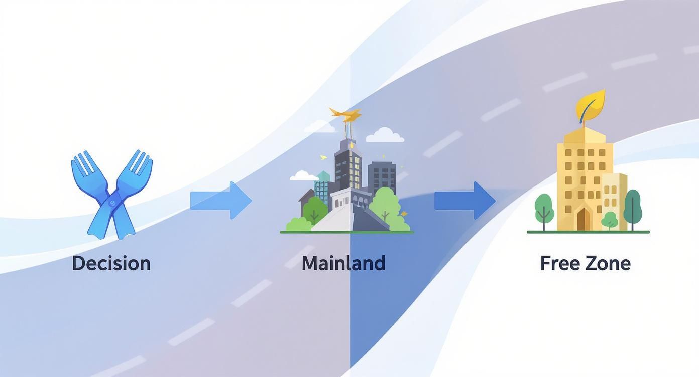 Infographic showing the process flow for a UAE freelance visa, from the initial decision between Mainland and Free Zone to the final visa stamping.
