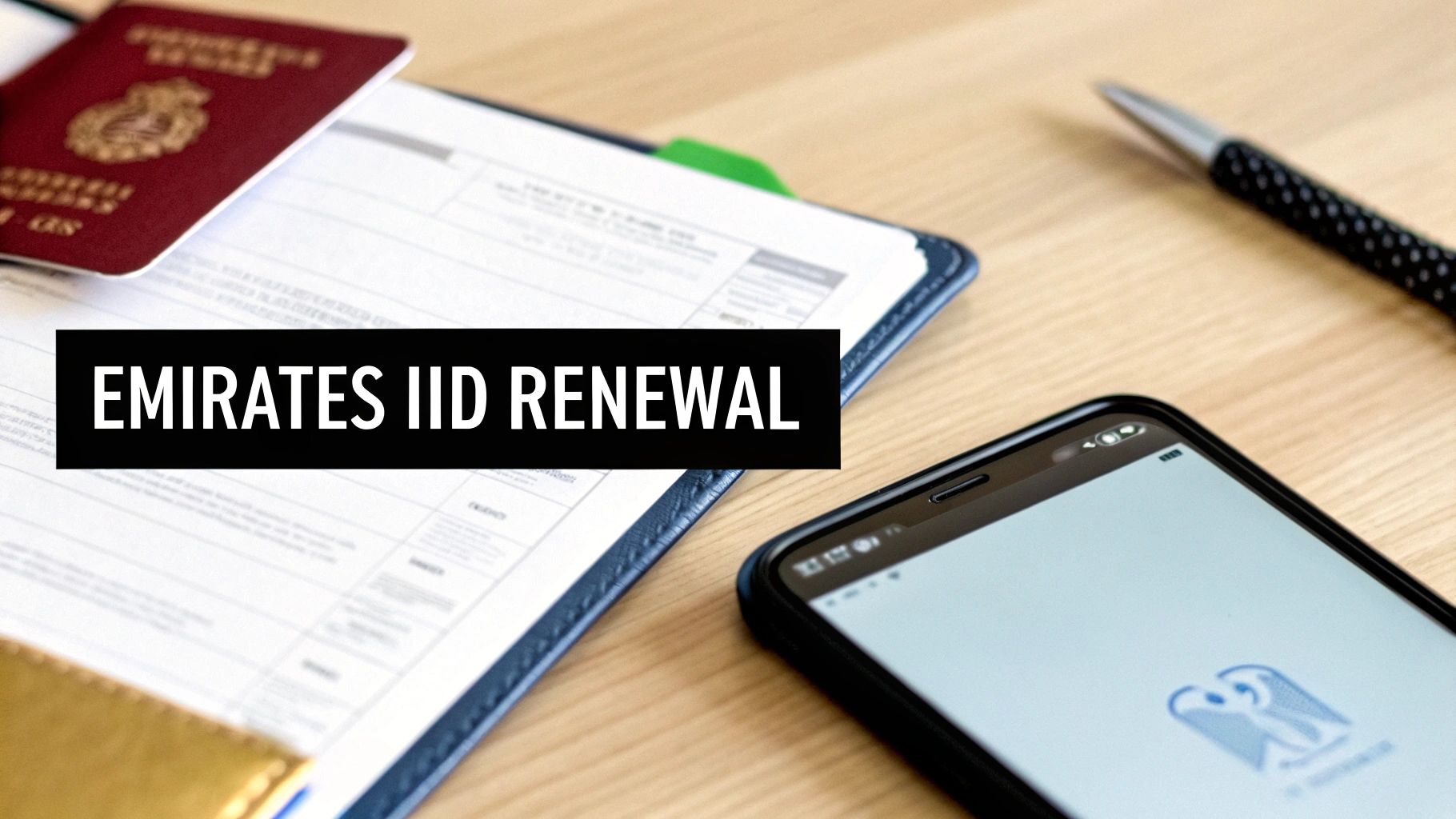 Passport, documents, and smartphone on a wooden desk with 'EMIRATES IID RENEWAL' text.