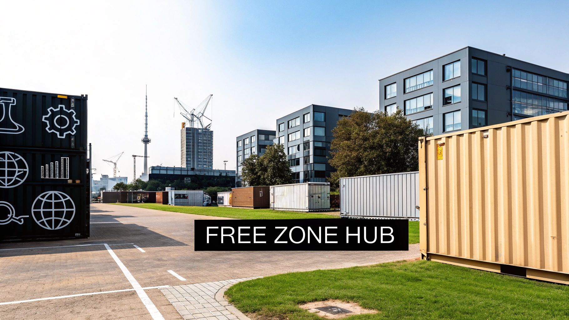 Modern buildings and shipping containers in a vibrant commercial free zone hub.