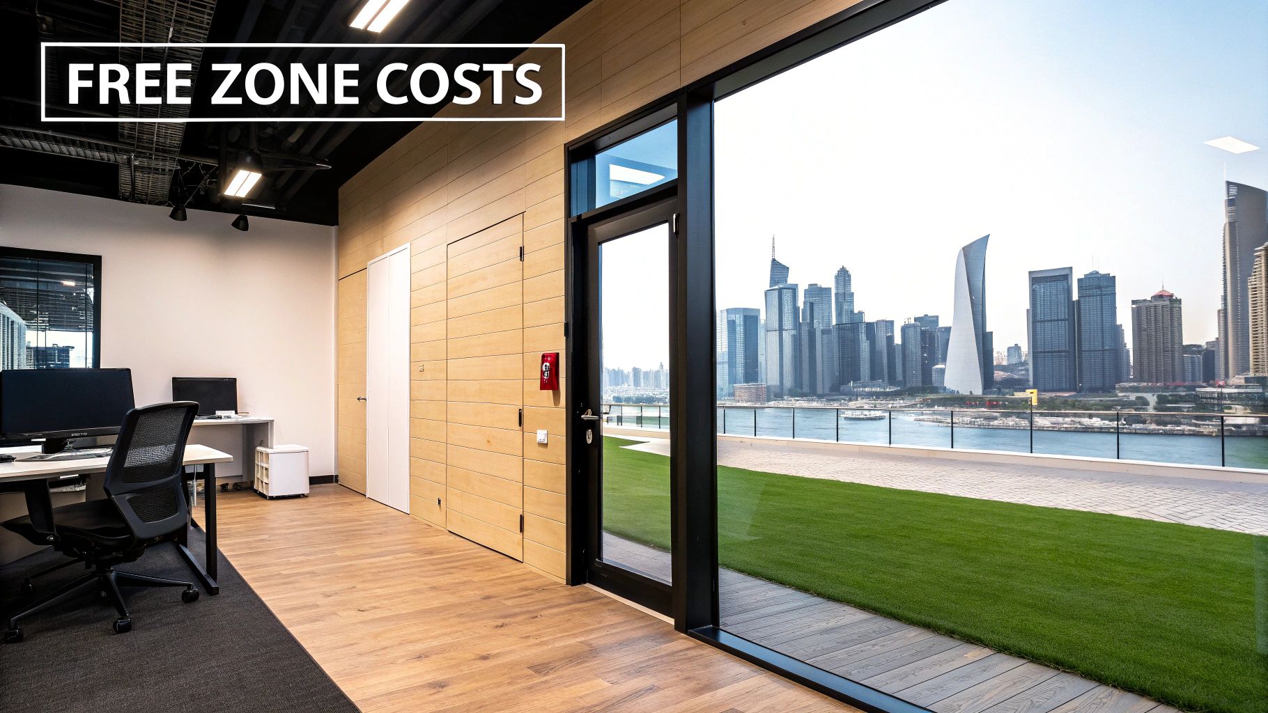 Modern office interior with a desk, computers, wooden wall, and large window overlooking a city skyline and waterfront.