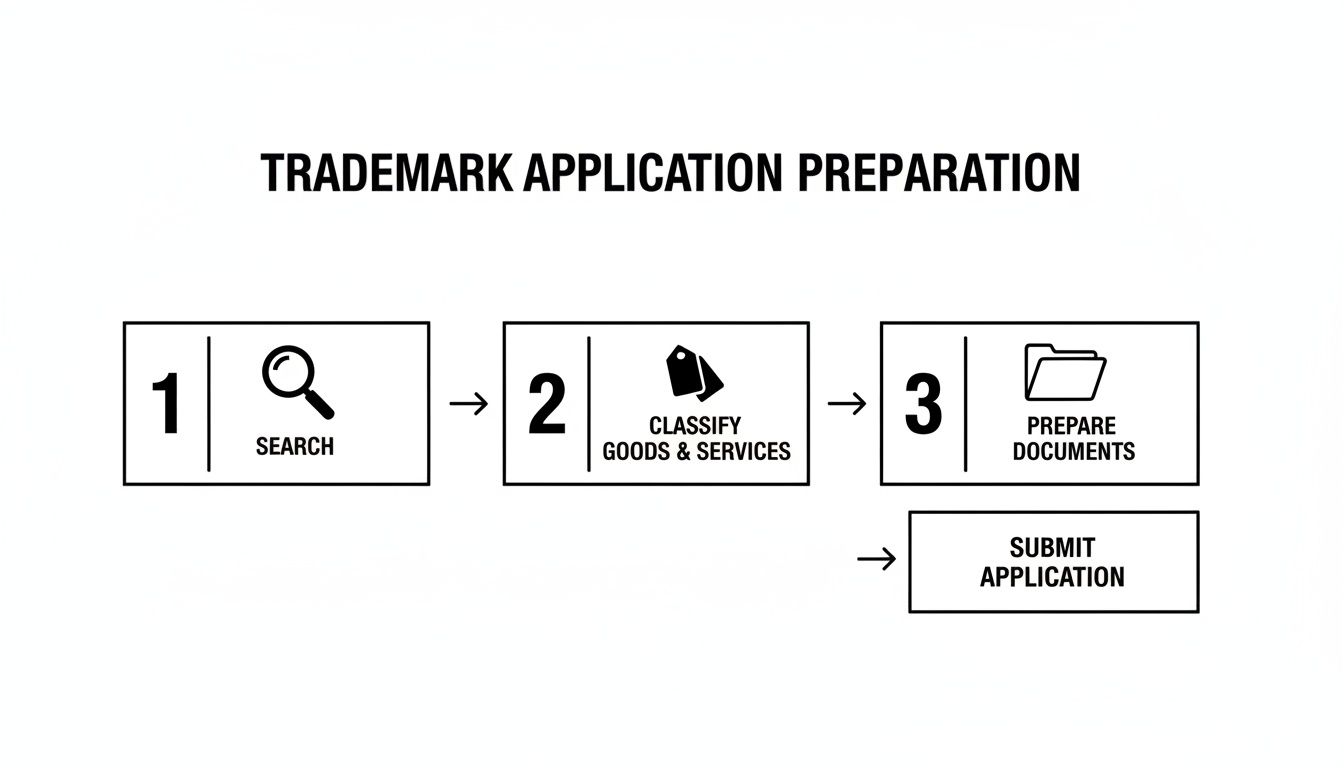 A step-by-step diagram showing the trademark application preparation process, from search to submission.