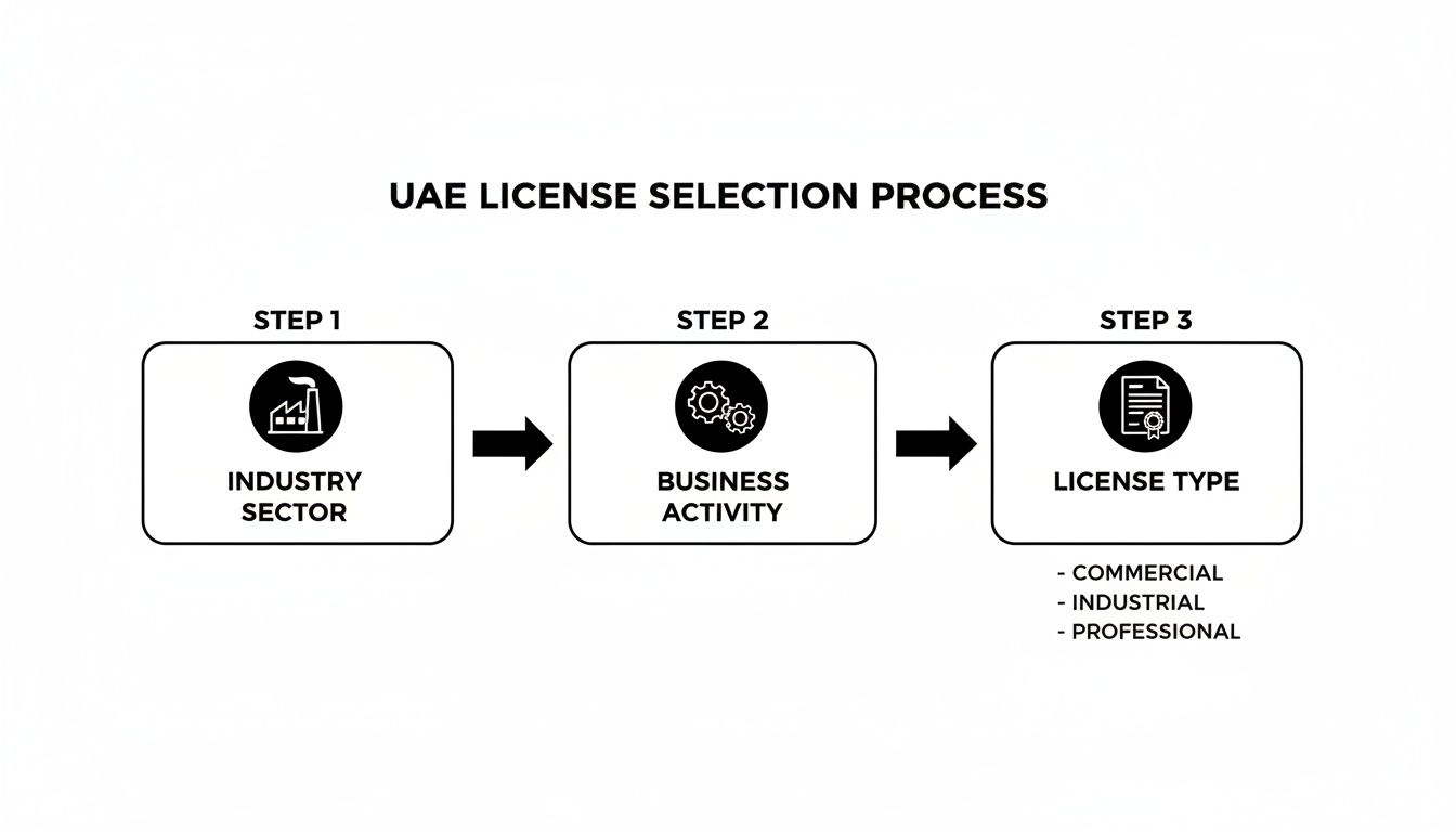 Flowchart illustrating the UAE license selection process with steps for industry sector, business activity, and license type options.