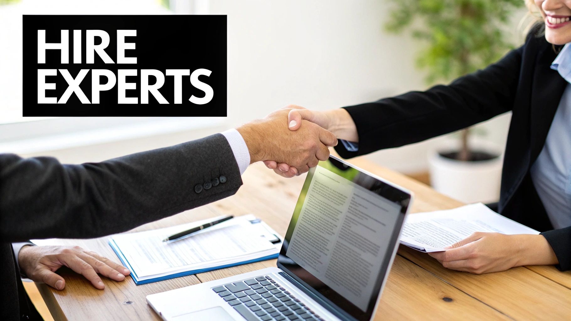 Two business professionals shaking hands at a table with a laptop, next to 'HIRE EXPERTS' text.