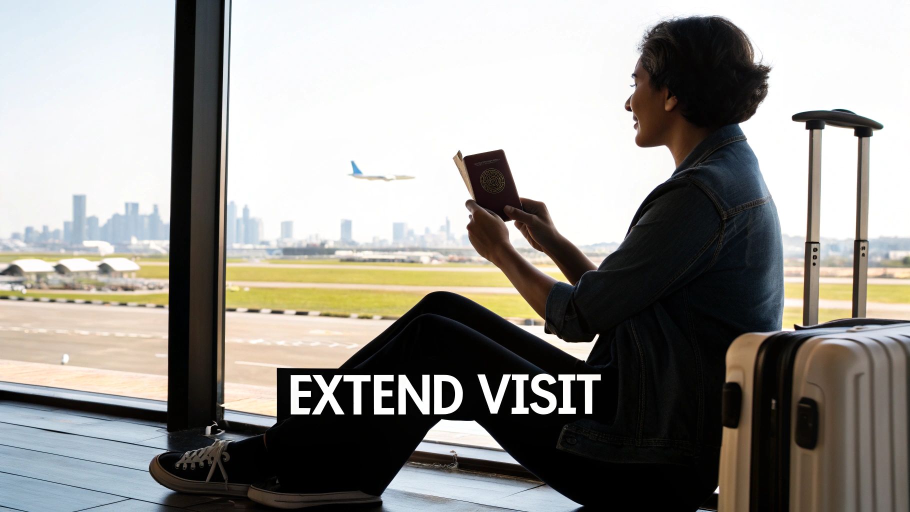 A traveler sitting at an airport window holding a passport, with a plane and cityscape outside.