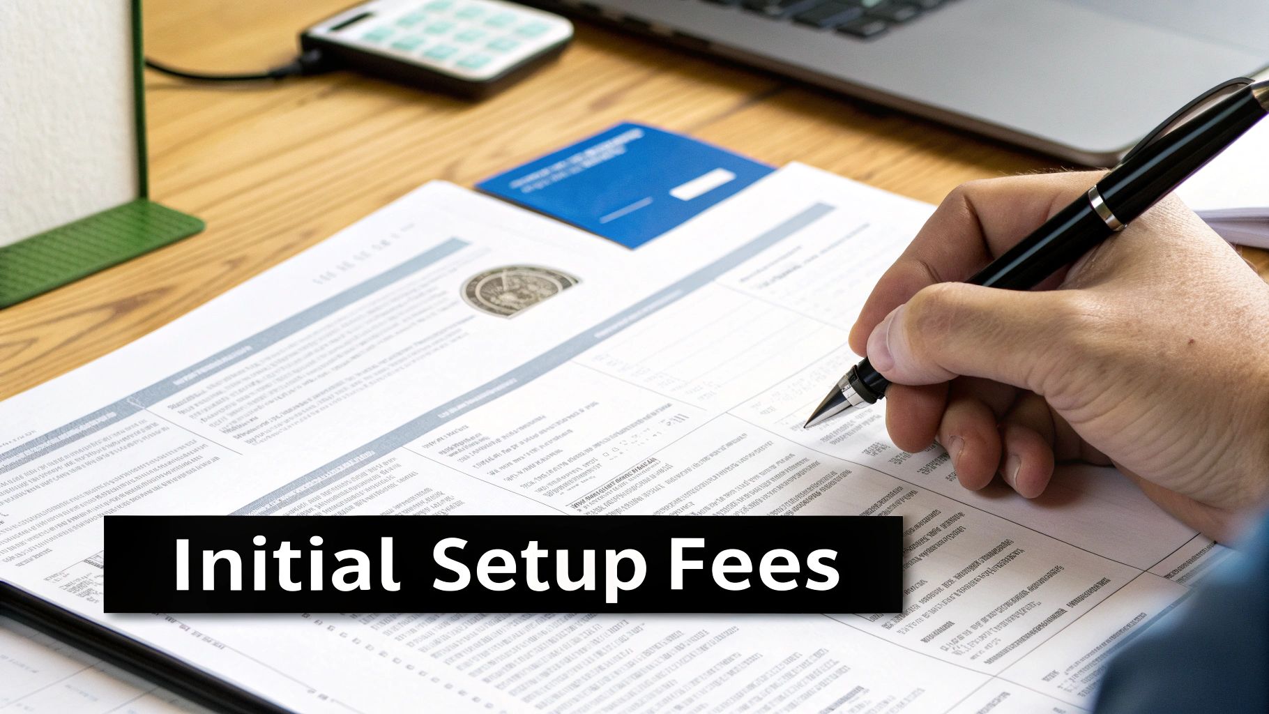 A person is signing a document regarding initial setup fees, with a calculator and laptop nearby.