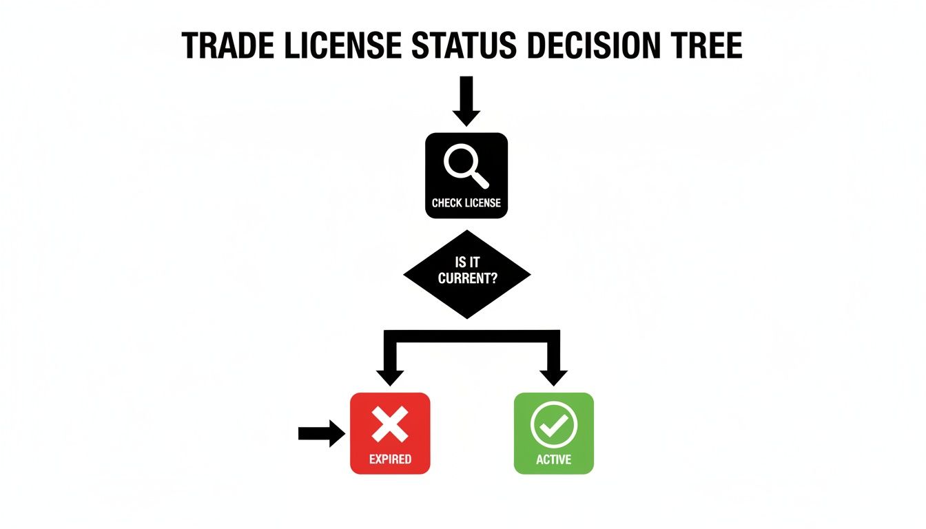 Flowchart illustrating the trade license status decision process: check, current, leading to expired or active.