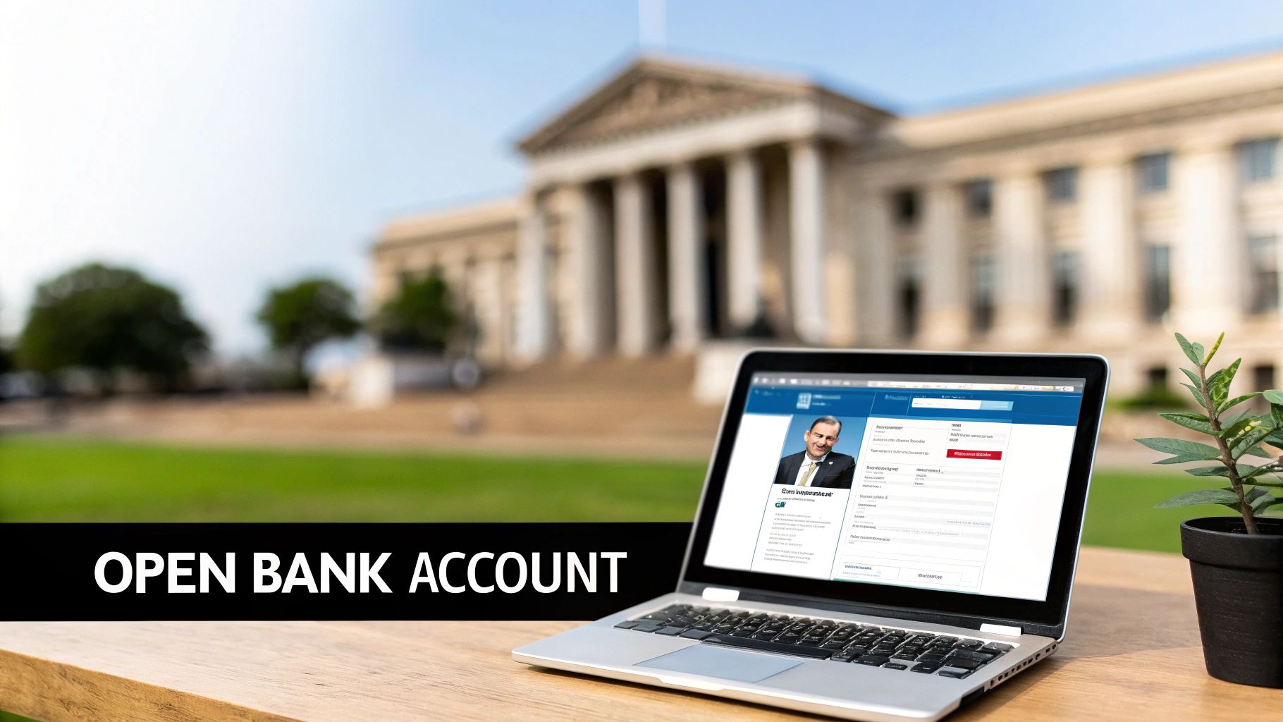 A laptop displaying an 'Open Bank Account' page sits on a wooden table outdoors with a classical building in the background.