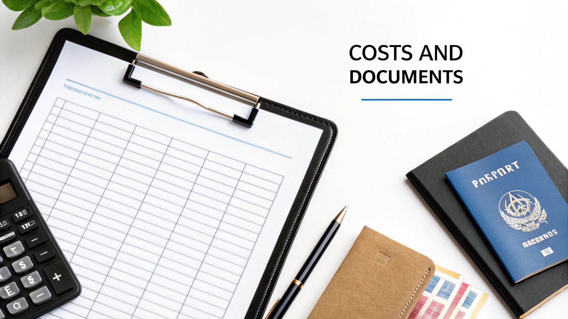 Desk flat lay with clipboard, calculator, pen, passport, and notebooks for costs and documents.